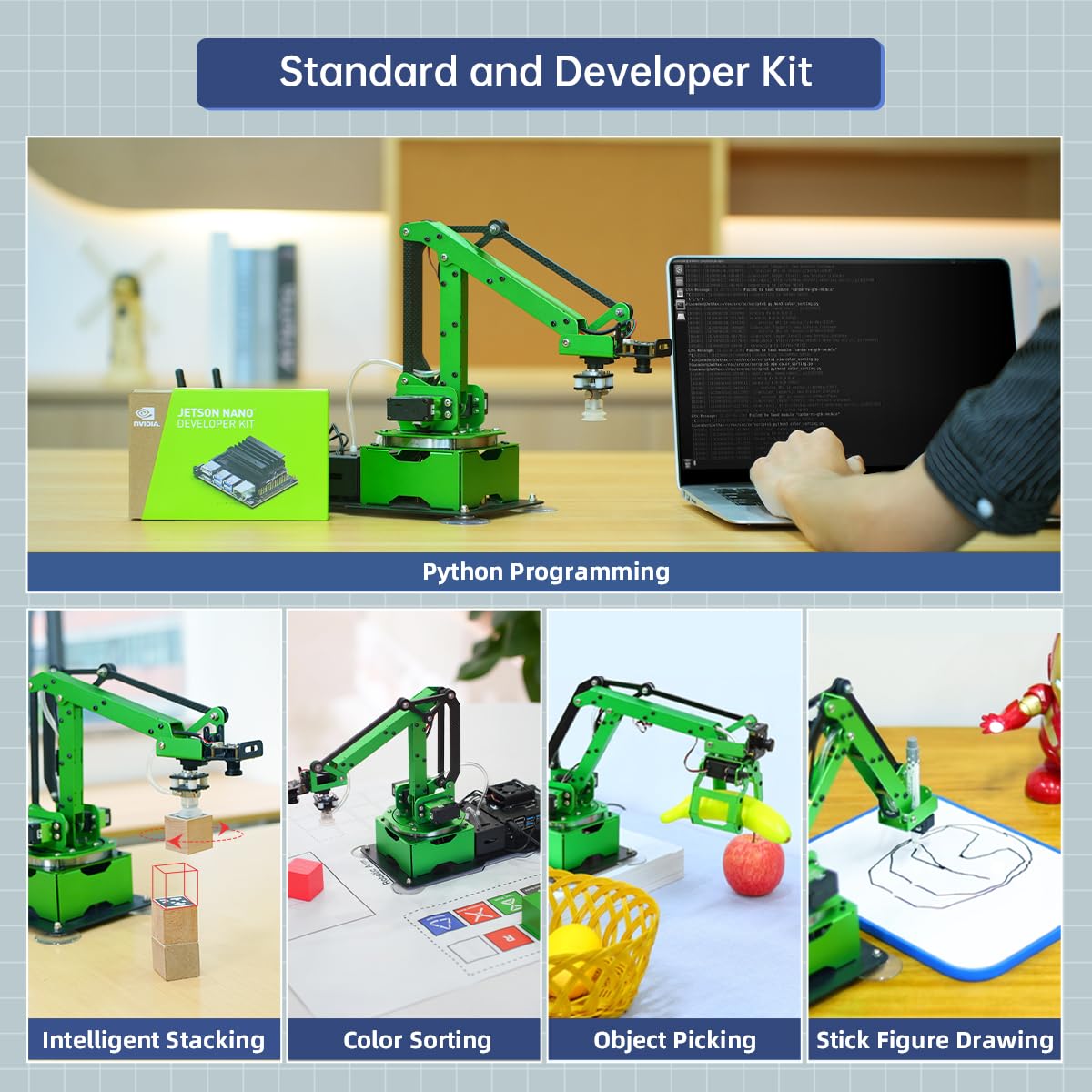 LewanSoul JetMax Robotic Arm for Jetson Nano AI Vision ROS Open Source Programmable Robot Arm Kit with 4 Kinds Gripper Camera Sensor Modules Wireless Controller, App/PC Coding Study DIY Robotic