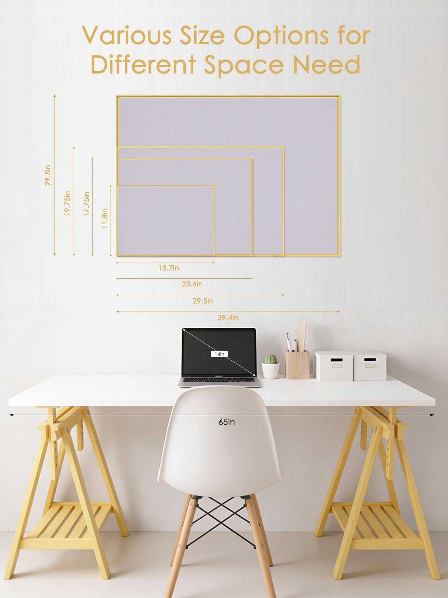 Lightomorrow Bulletin Board 40 x 30 inches, Light Lavender Pin Board, Golden Aluminum Framed Fabric Cork Board with 10 Push Pins