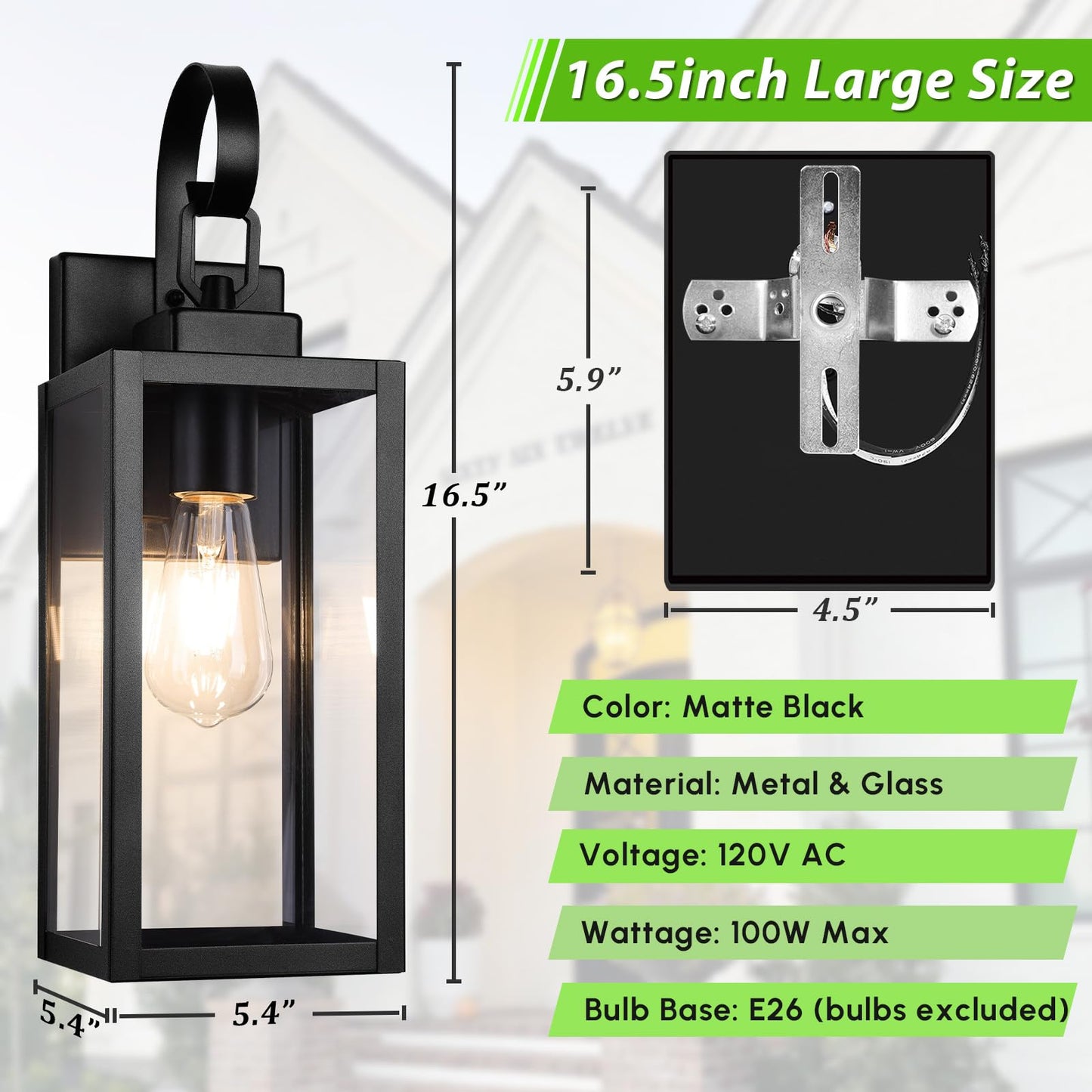 BesLowe Outdoor Wall Light Fixture, Waterproof Metal Porch Light, 16.5in Matte Black, Model 9046