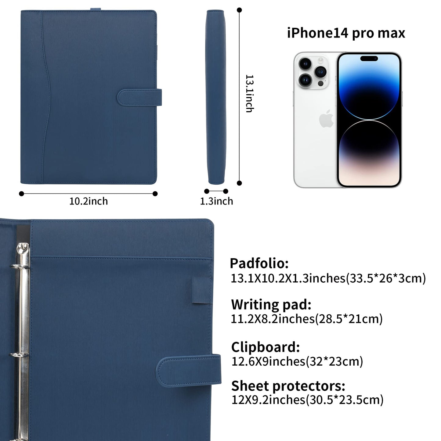 Wonderpool A4 PU Leather Portfolio Holder Ring File Document Case with Removable Binder Clipboard, Multi Pocket and Legal Pad for Business Organizer Interview and Meeting (Dark Blue)