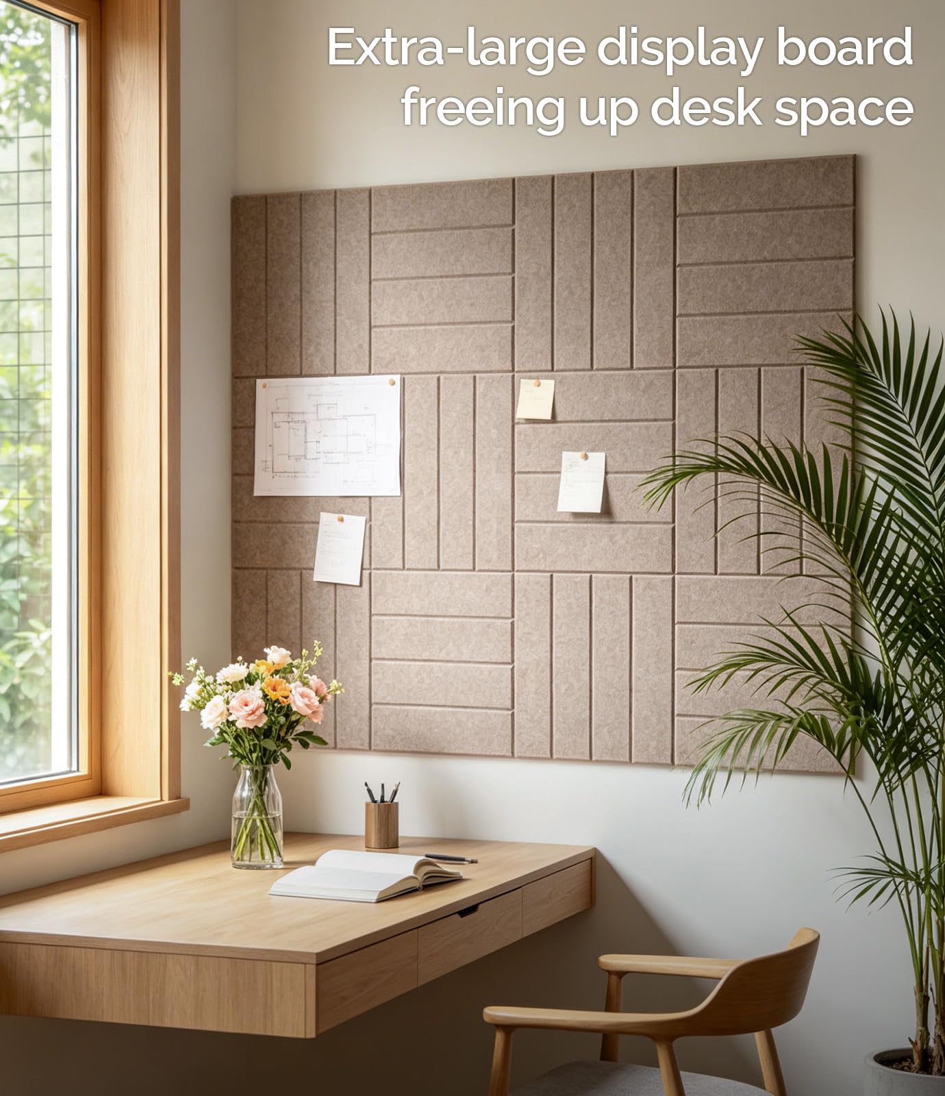 Bounmer Large Cork Board Alternative 48“ x 36”, 12-Pack Felt Bulletin Board Tiles with 60 Safe Removable Adhesive Tabs & 30 Pushpins, Cork Boards for Office Walls Decor (Taupe)