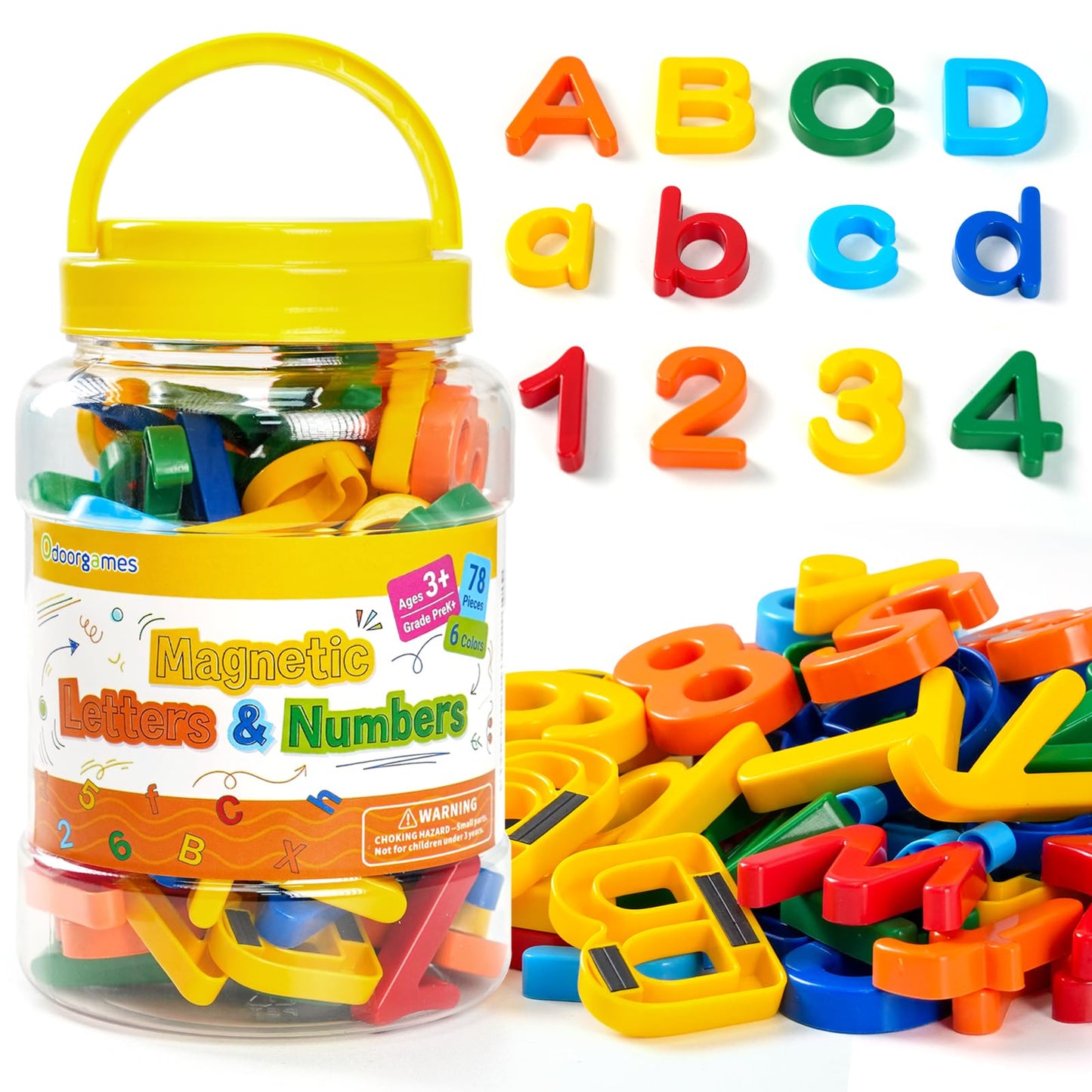 Odoorgames 78 Pcs Plastic Magnetic Letters & Numbers – Upgraded Magnets & 6 Colors - ABC Alphabet Magnets for Toddlers, Fridge & Whiteboard Learning Set