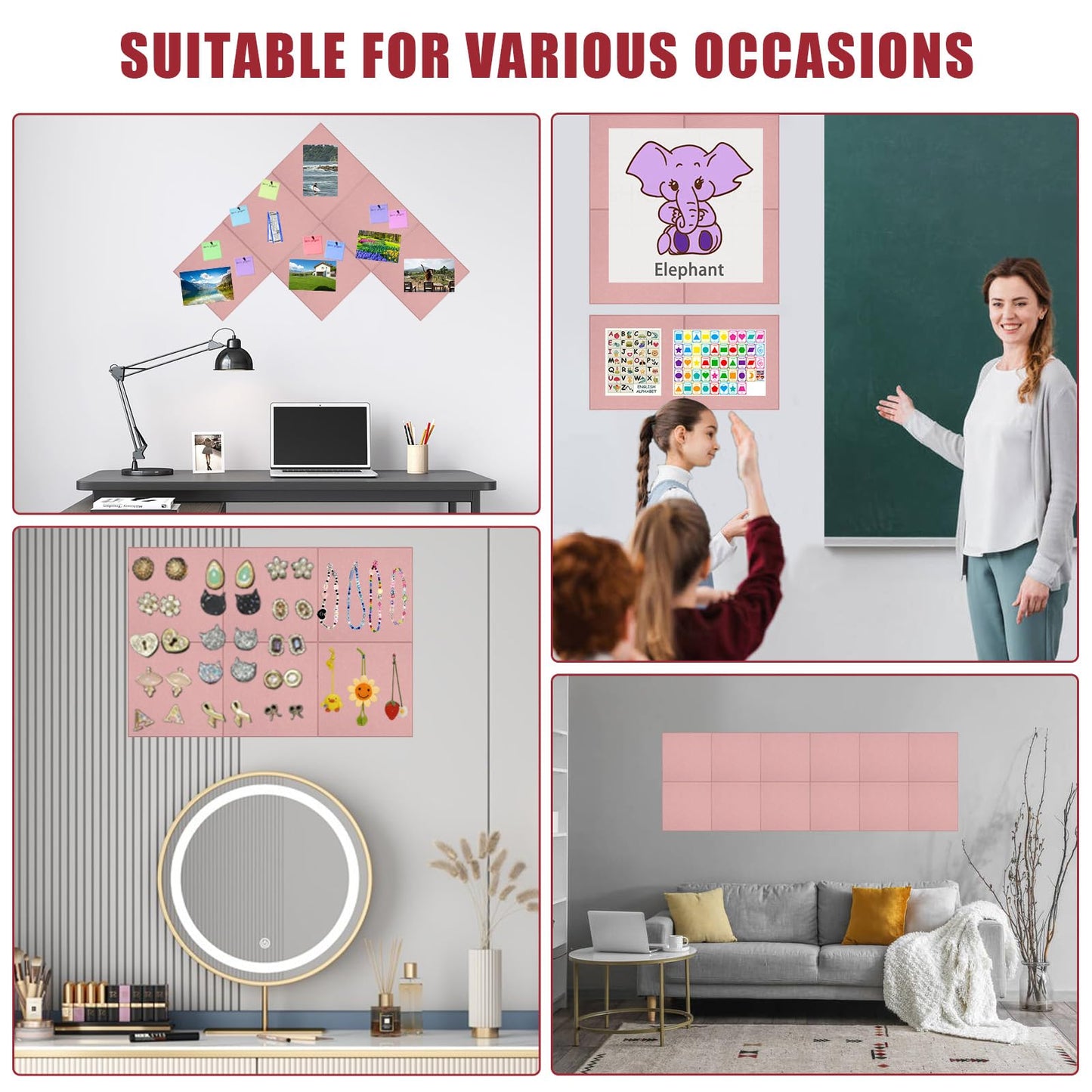 Large Cork Board Alternative 36" X 24" Bulletin Board - 6 Pack Removable Felt Wall Tiles with 30 pushpins, Large Cork Boards for Walls Cork Board for Office Pin Board Tack Board - Pink
