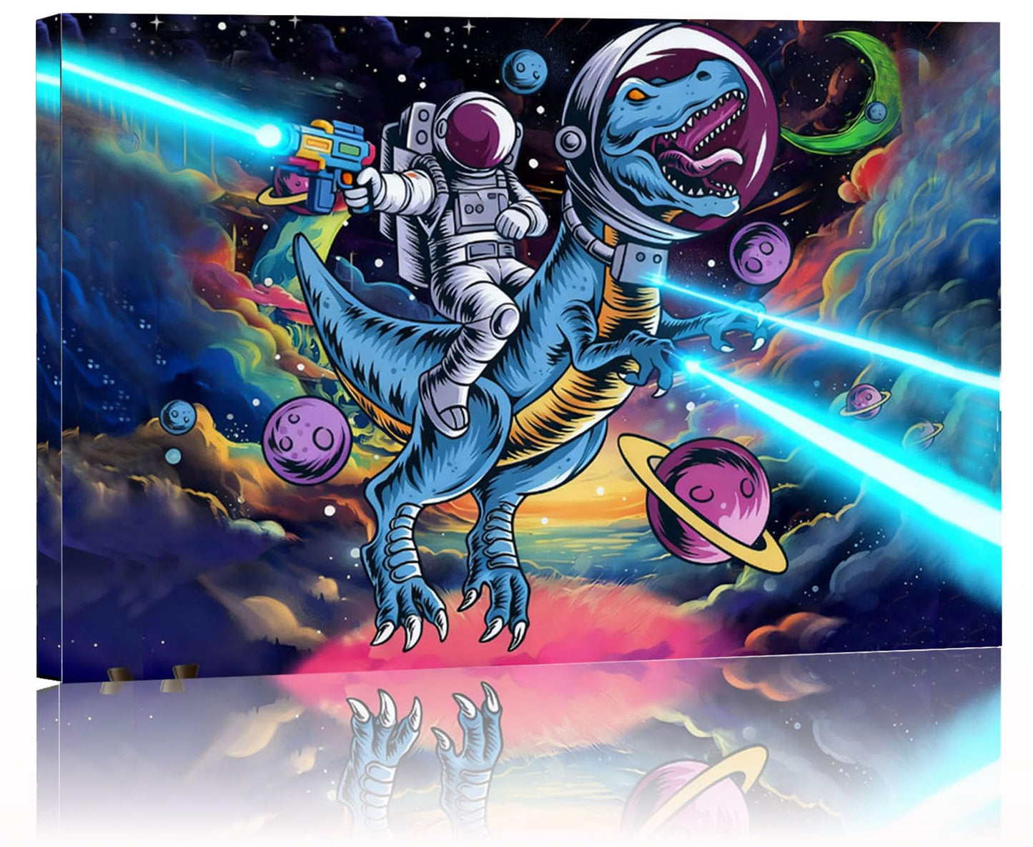 16x24 Space Astronaut Dinosour Star Wars Canvas Wall Art Watercolor Framed Prints Teen Boy T-Rax in Galaxy Cosmic Home Decor Painting Kids Bedroom Picture Child Room Funny Poster Kids Bathroom Photo