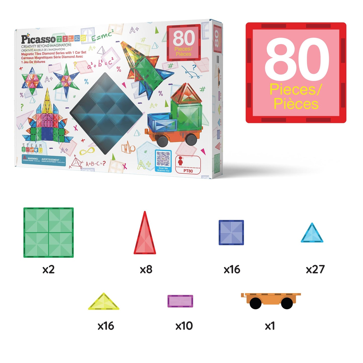 PicassoTiles 80 Pcs Magnetic Building Tiles Magnet Building Block Toys W/Car Diamond Educational Construction Playset Toy for STEM Sensory Gifts Kid Brain Development Stacking Blocks Construction Set