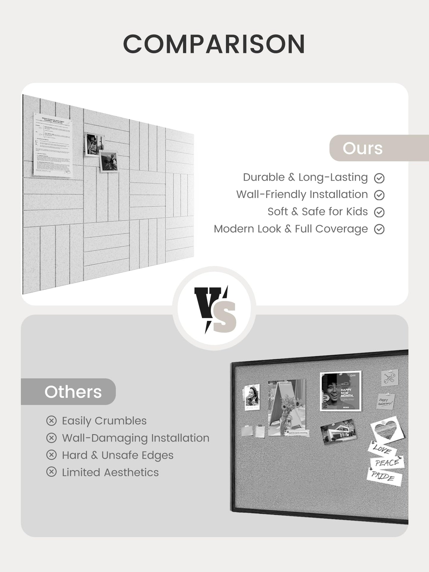 Bumusty Large Cork Board Alternative-48 x 36" Felt Bulletin Board Tiles, with 30 Pushpins, 70 Adhesive Tabs, Bold-Stripe 12-Pack, Cork Boards for Office Push Pin Board Felt Board-Light Gray