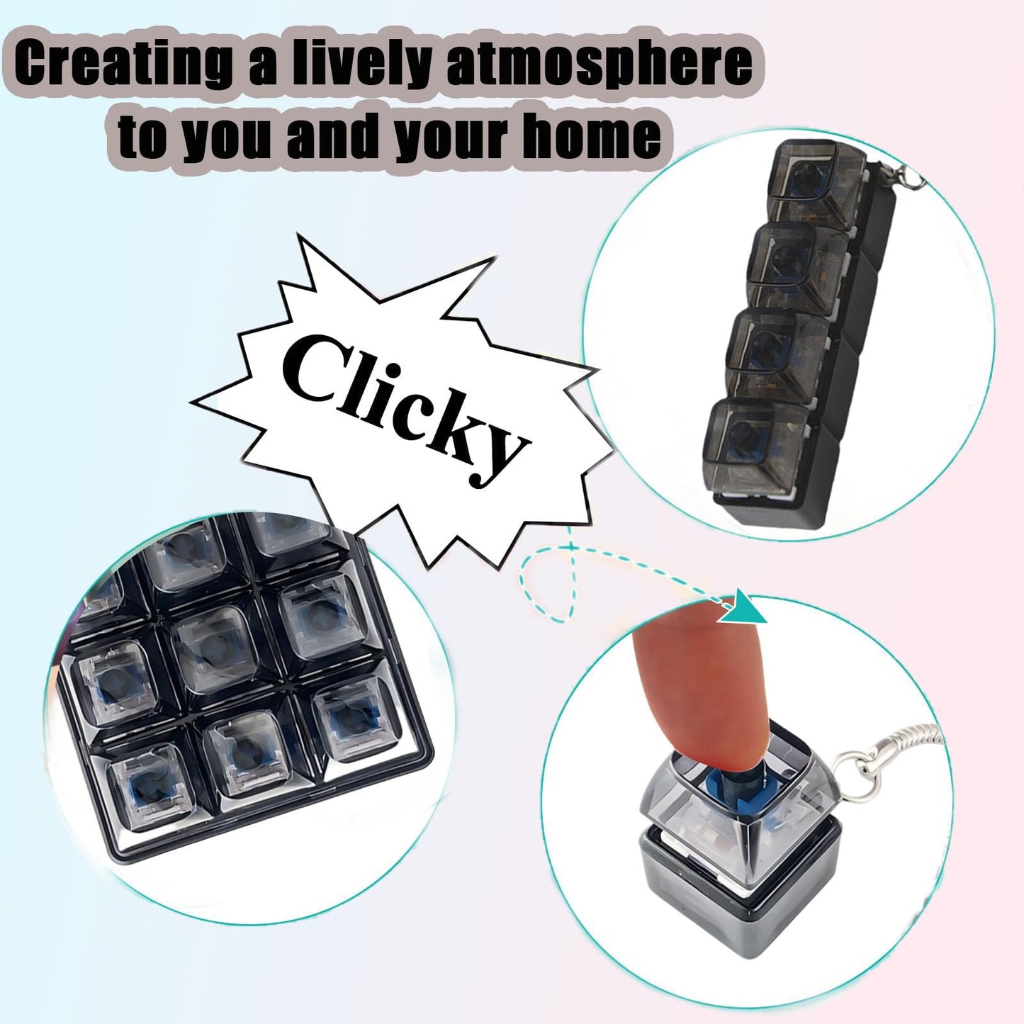 3 Pcs Keyboard Fidget Clicker Stress Relief Toys Keychain– Button Press Fidget Set for Stress Relief & Relaxation (9 Keys + 4keys + 1key Transparent Black)
