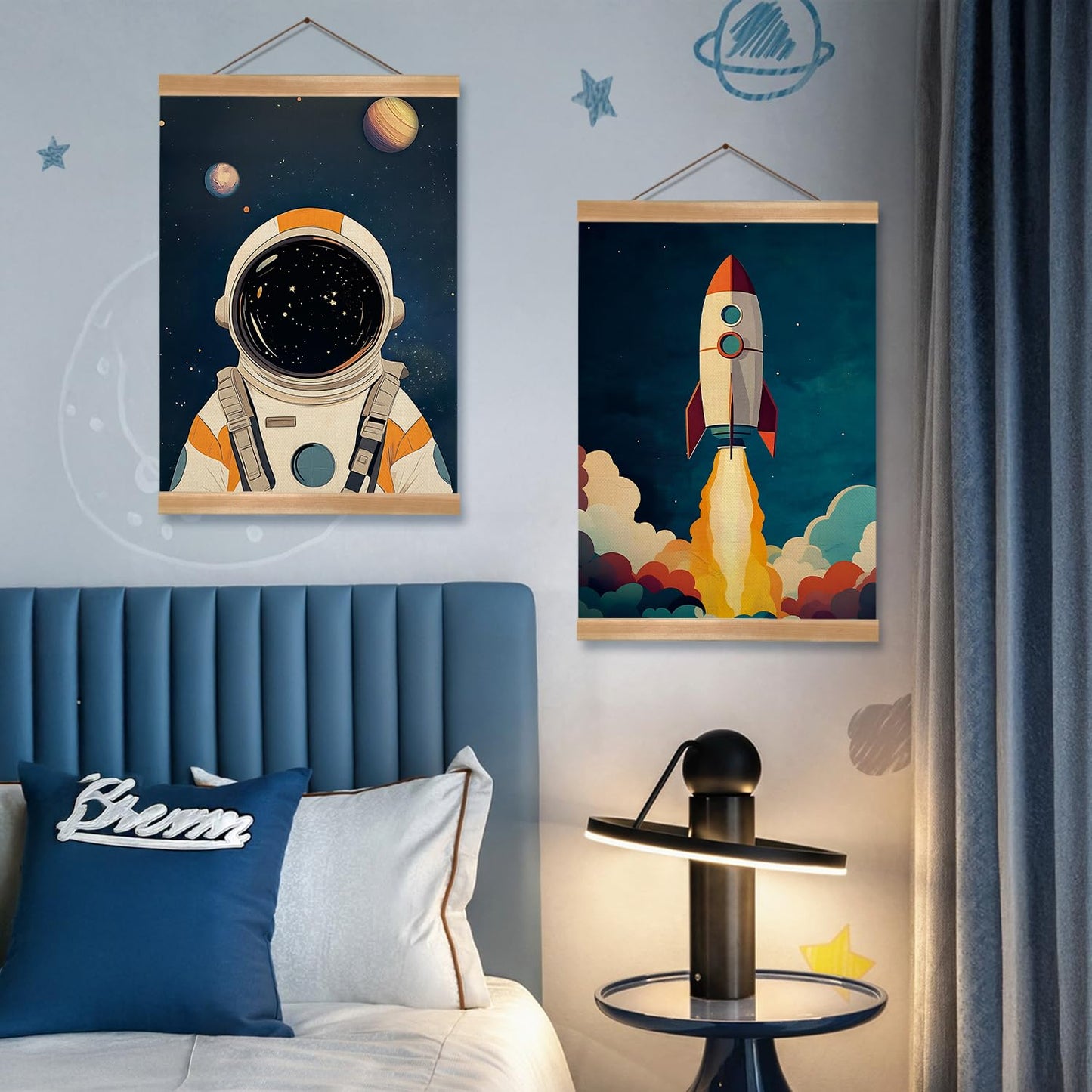 Astronauts and Rockets Poster Wall Art set of 2, Universe Wall Decor Wood Hanger, Spaceship Classroom Decor, Outer Space Planets Poster for Boys and Girls Nursery, Bedroom, Playroom, Toddler Room Decoration (Space travel-02)