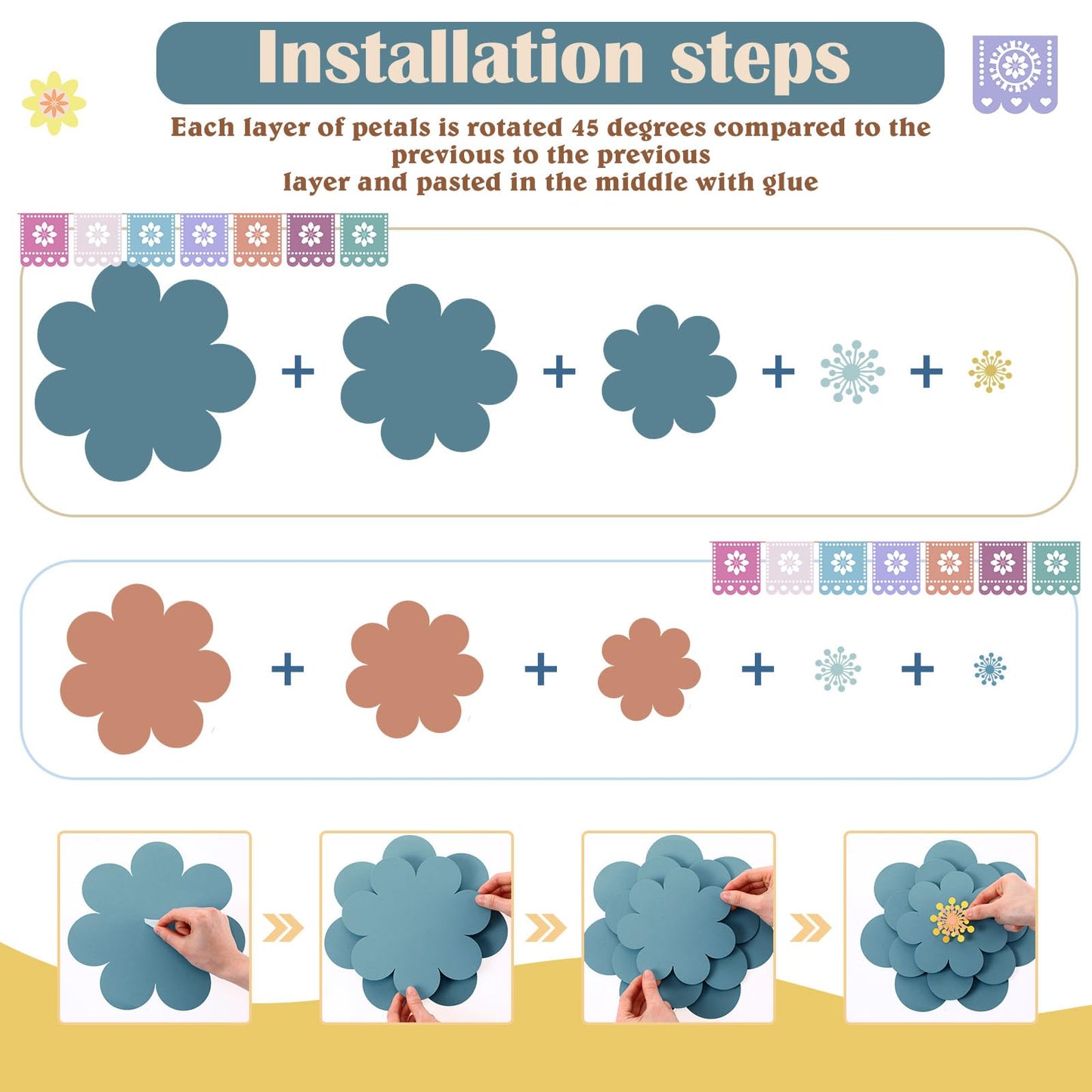Mooliwe Paper Flowers Decorations for Wall DIY 3D Paper Bulletin Board Mexican Flowers Backdrop Decoration for Classroom Back to School Holiday Party(Morandi,12 Set)