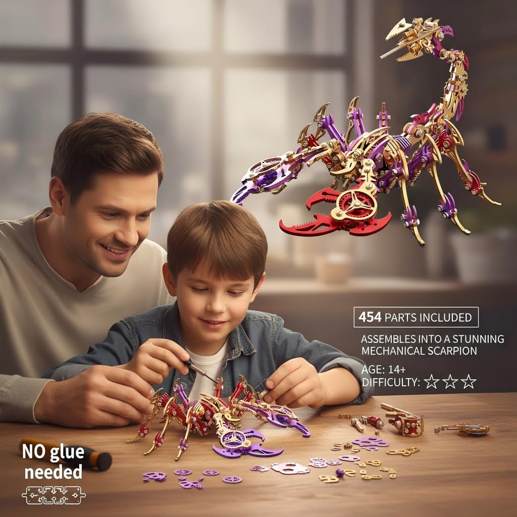 Scorpion 3D Metal Puzzles for Adults, 454PCS Stainless Steel DIY Mechanical Metal Model Kits, No Glue Assembly with Movable Joints, Challenging Metal Building Kit Desk Decor Gift (Purple-Glod)