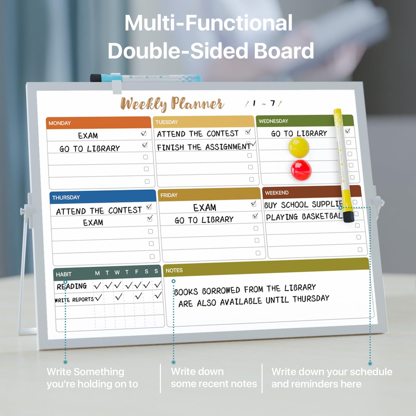 Marsrock Dry Erase White Board with Stand,Double-Sided Weekly Whiteboard 16"x12", 10 Markers, 6 Magnets, 1 Eraser, Portable Desktop Whiteboard for Planning,Weekly Schedule Board for School for Home