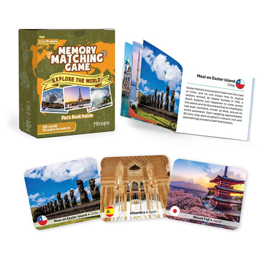 Menique Explore the World Memory Matching Game – 100 Cards (50 Pairs) with Famous Landmarks from 50 Countries – Includes Flag, Country & Place – Educational Geography Game + Informative Booklet