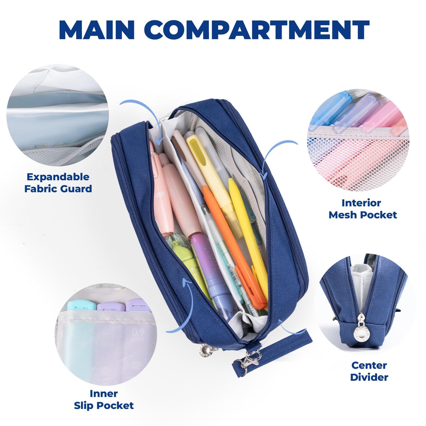 Four Candies Blue Pencil Case 3 Compartment Pouch, Large Pencil Case for School, Girls, Teen Boys, Women, Dark Blue, Removable Handle & Zipper, Cute Pencil Bag for Office, College