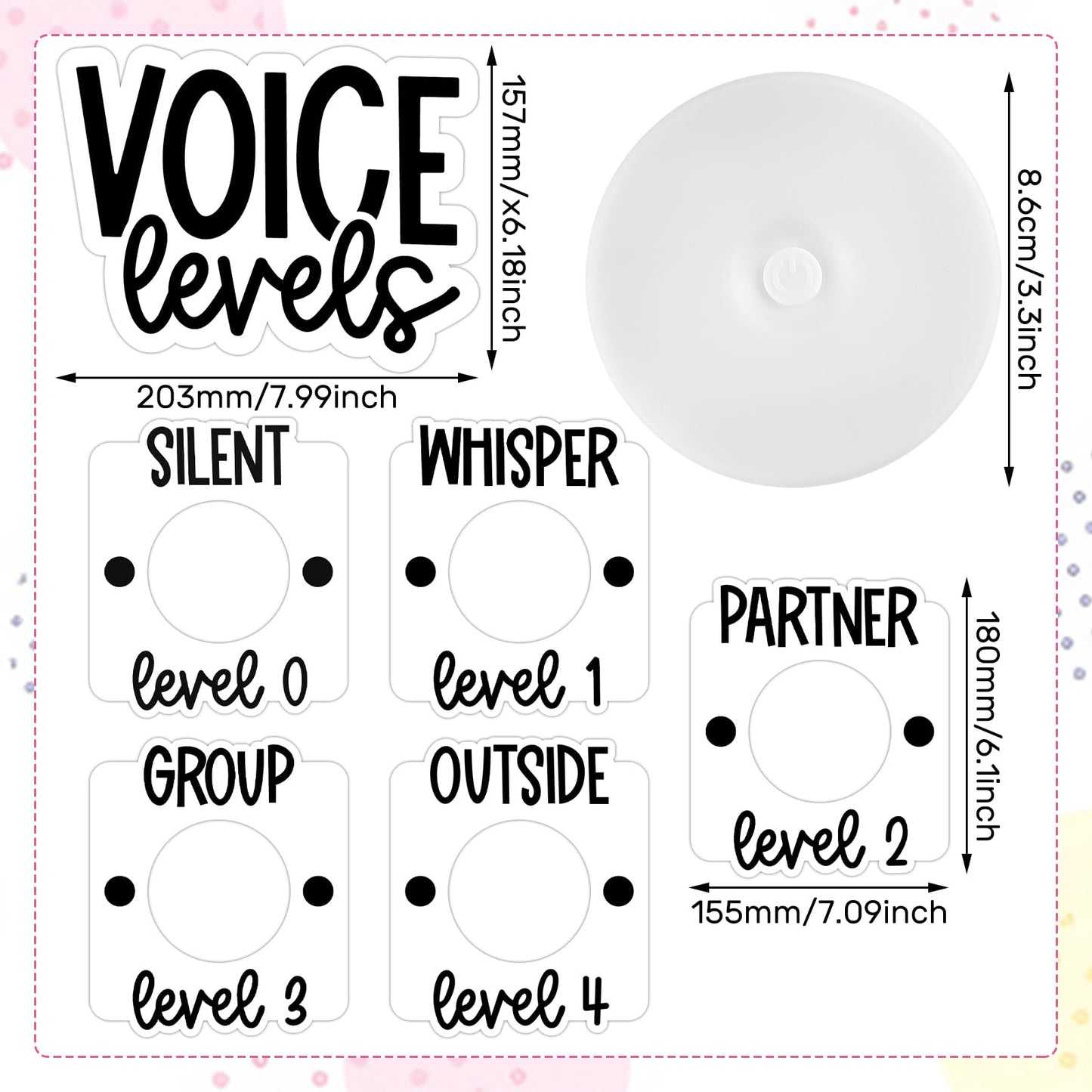 Honoson Voice Level Chart for Classroom with 5 Pack Magnetic Puck Lights Noise Level Chart Teacher Educational Management Supplies for Elementary School Preschool Music Class (Mordern,White)