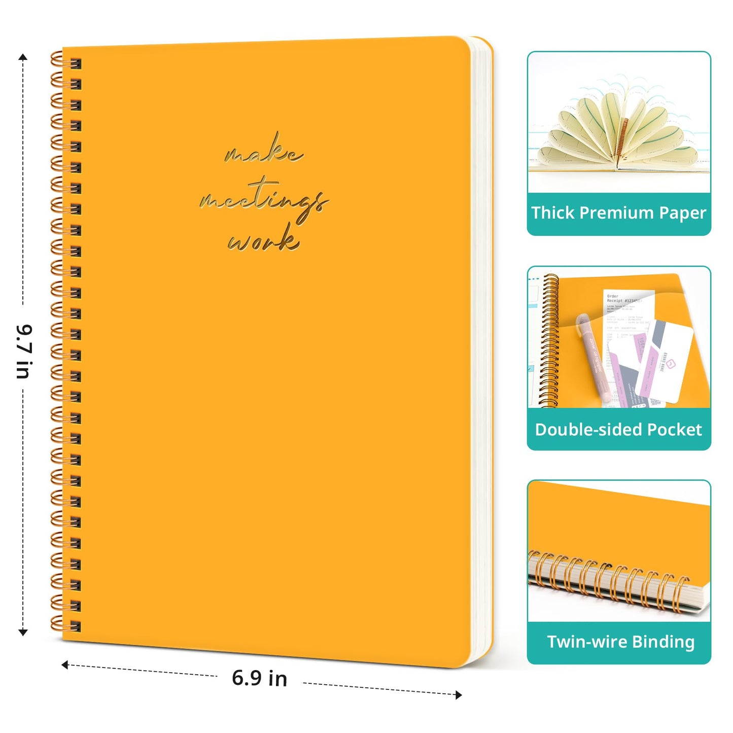 Taja Meeting Notebook for Work Organization - Work notebook with action items, Meeting Minutes Planner Notebook, Perfect Office Supplies for Men & Women - Yellow