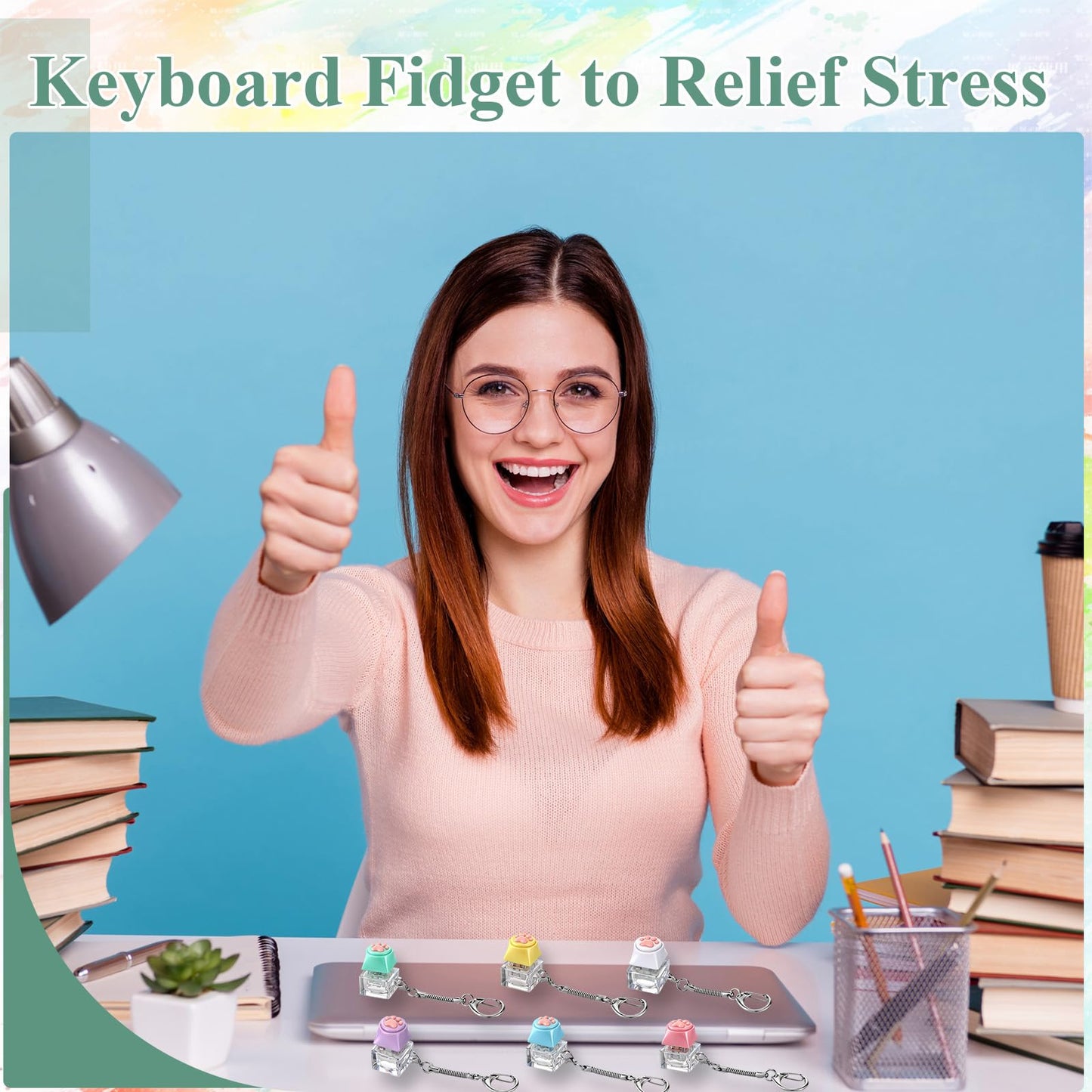 Lewtemi 24 Pcs Keyboard Fidget Clickers Cat Paw Keyboard Keychain Decompression Relief Button Finger Clickers for Adults Office Birthday Party Gifts to Relief Stress Pass the Time (Macaron Colors)