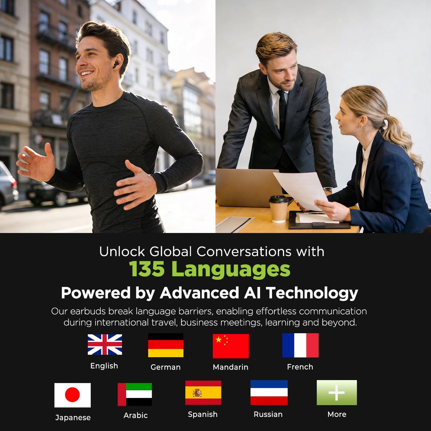 NE75 AI Translation Earbuds 135 Languages Real-Time Translator Earphones, Bluetooth 6.0 TWS Wireless Bluetooth Earphones, Hi-Fi Music & Call, Smart Touch+App for Travel, Sports & Business (Green)