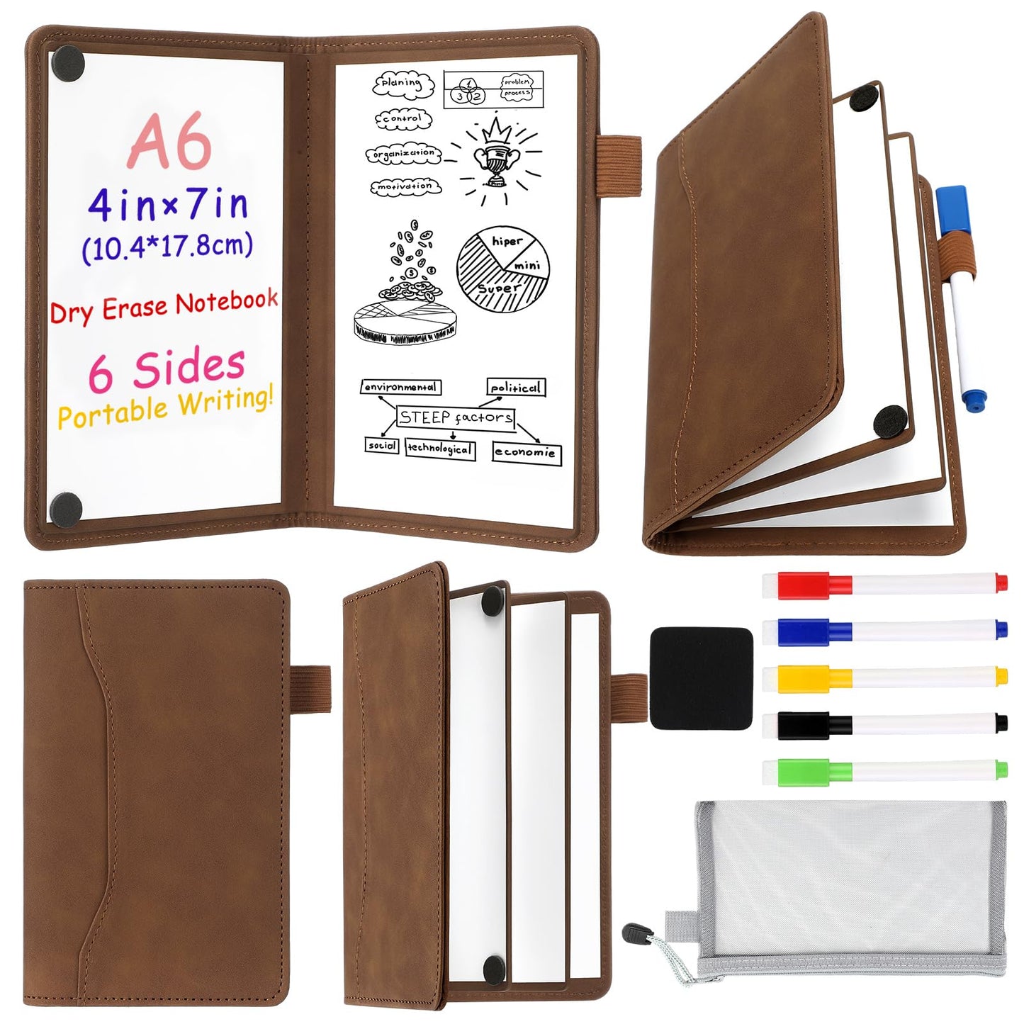 Feifeiya 6 Sides Dry Erase Whiteboard Notebook Portable Notebook White Boards 4"x7"(a6) Mini Folding Whiteboard Anti-ghosting Surface, Travel Dry Erase Mini White Board for Office, School, Study
