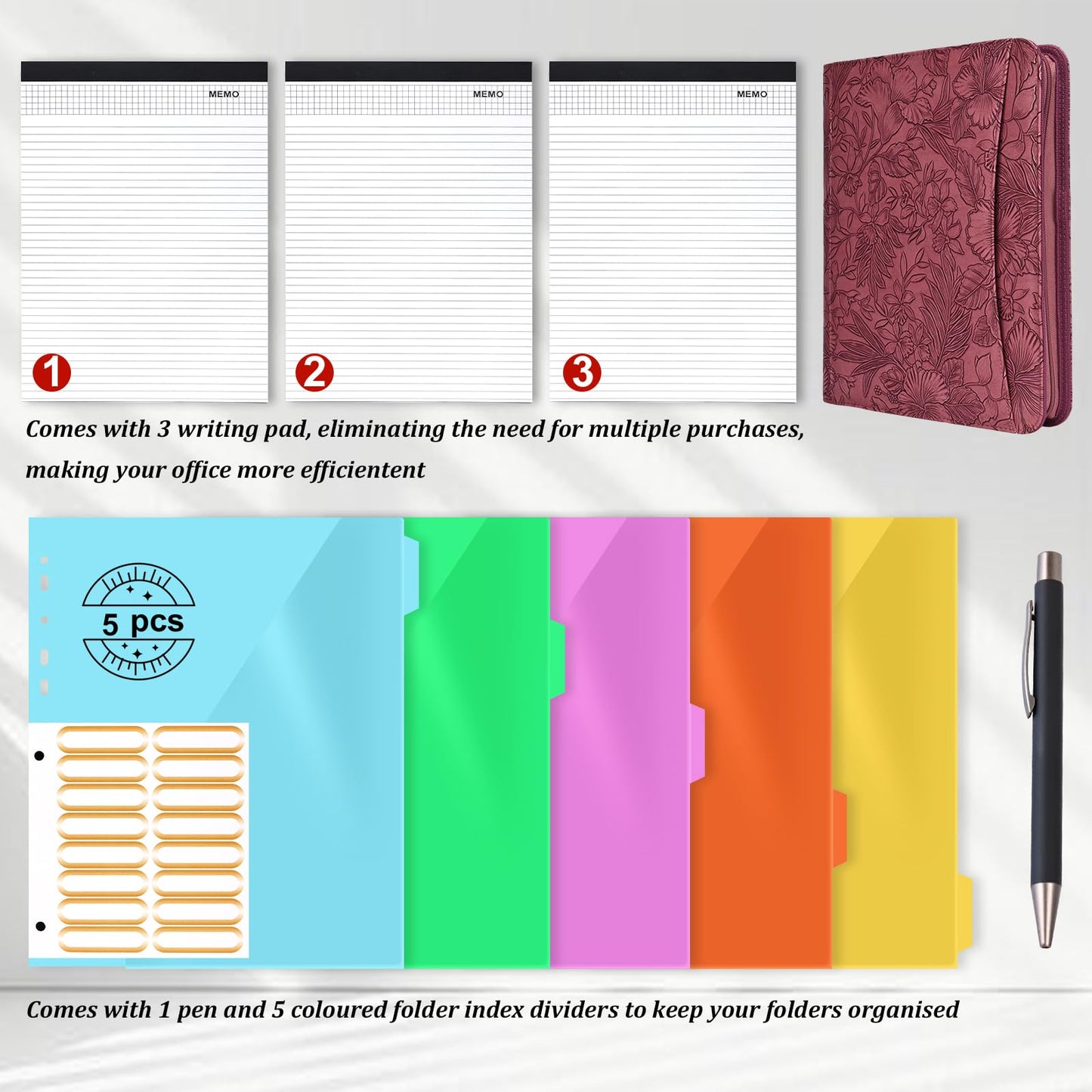 Leathario Portfolio Binder, Includes 5 Folder Index Dividers and 3 Notepads, 3-Ring Folder Organizer, Padfolio with Zipper, Vegan Leather Tablet Sleeve, Business Office Conference Clipboards