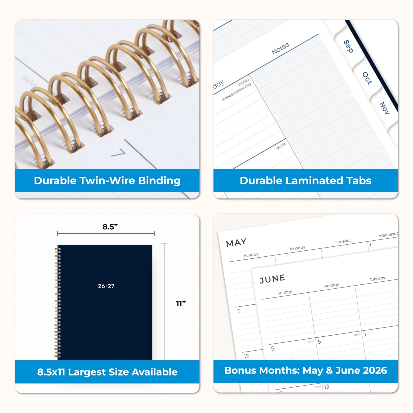 Blue Sky 2026-2027 Weekly and Monthly Academic Year Teacher Lesson Planner Calendar, July 2026 - June 2027, 8.5" x 11", Flexible Cover, Wirebound, Laminated Tabs, Storage Pocket, Solid Navy