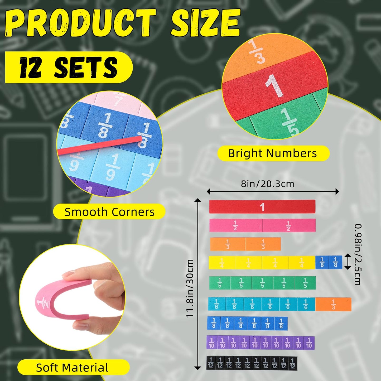 Sayglossy 12 Sets Fraction Tiles Set for Classroom Rainbow 11.8 x 8 in Fraction Strips Bars Math Manipulatives Montessori Math Materials for Home Learning School Educational (Vivid Color)