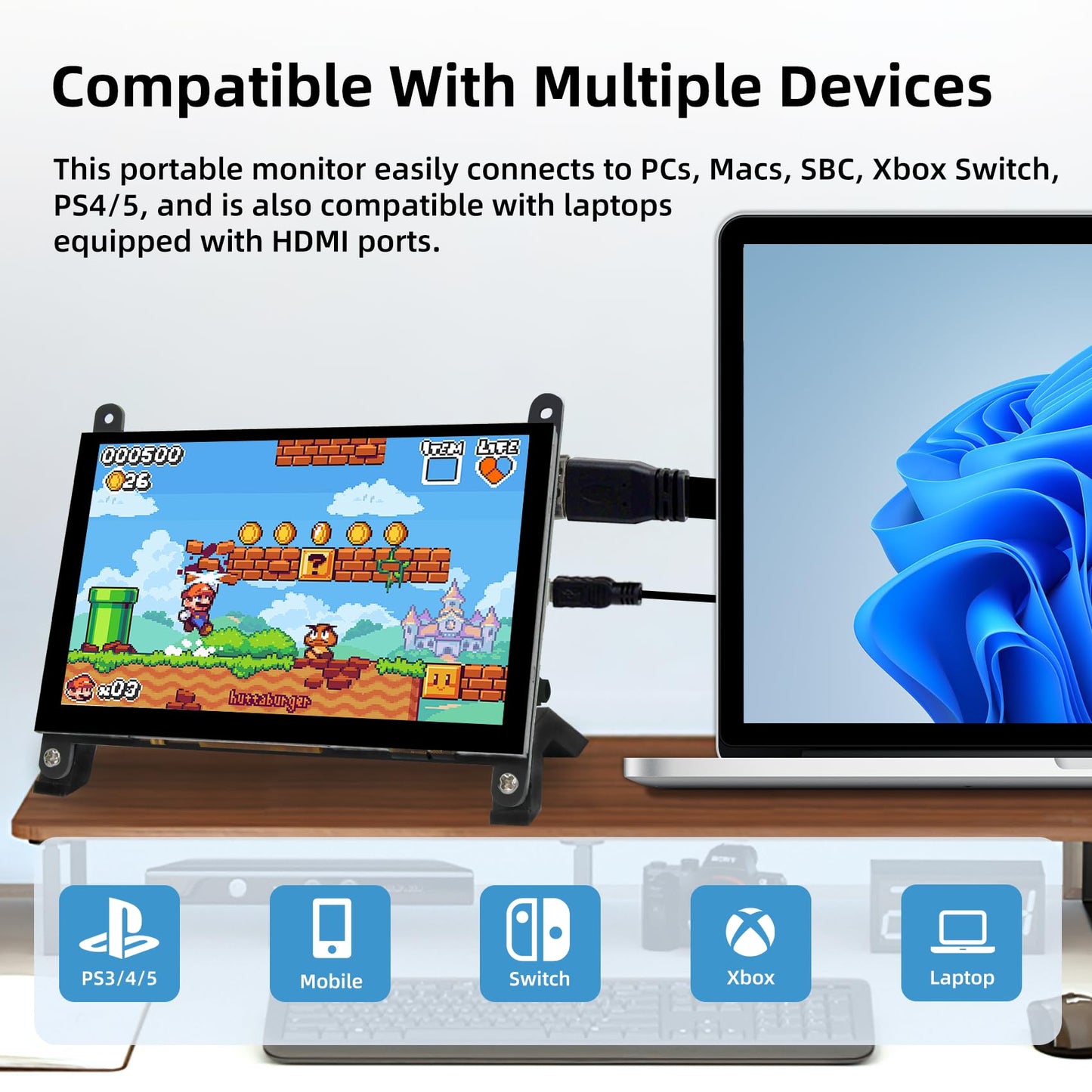 iPistBit 5 Inch LCD Touch Screen, 1024x600 IPS Display with Stand, HDMI Portable Monitor for Raspberry Pi 5/4B/3B+/3B/B+/Zero/400, BB Black, Windows 10 8 7, Free Driver