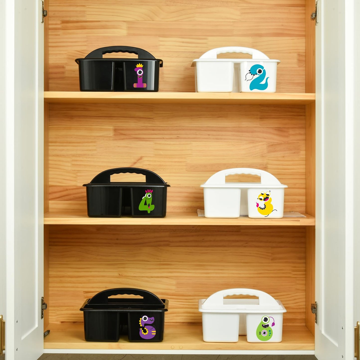 ALINK Plastic Classroom Caddy Organizer with Handle, 6-Pack 3 Compartments, Teacher Supply Storage Caddy for Classroom Organization, Table, Desk, Office, Craft Art for Kids - White