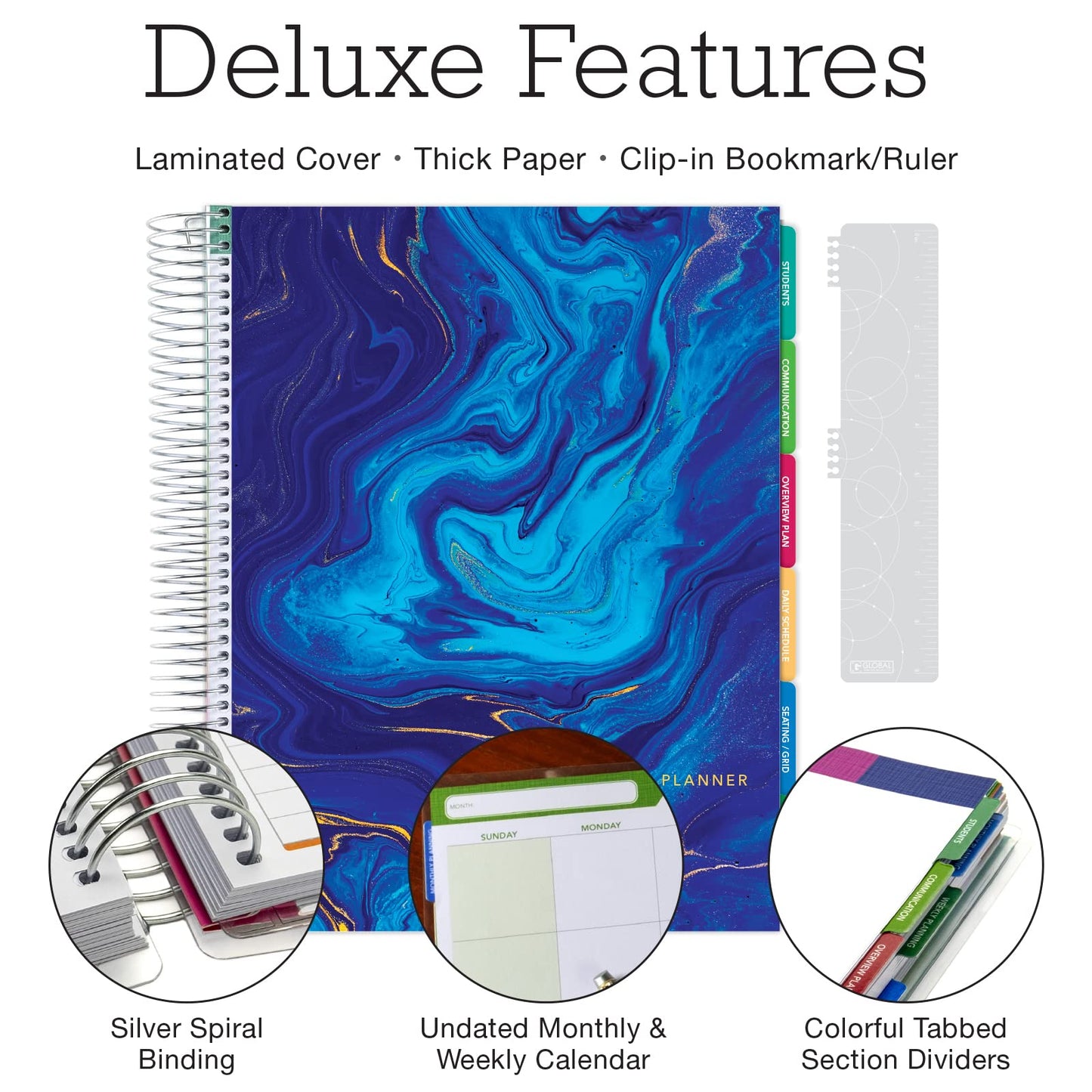 Elan Publishing Company DELUXE Undated Teacher Planner: 8.5x11 Includes 7 Periods, Page Tabs, Bookmark, Planning Stickers, Pocket Folder Daily Weekly Monthly Planner Yearly Agenda (Dark Blue Marble)