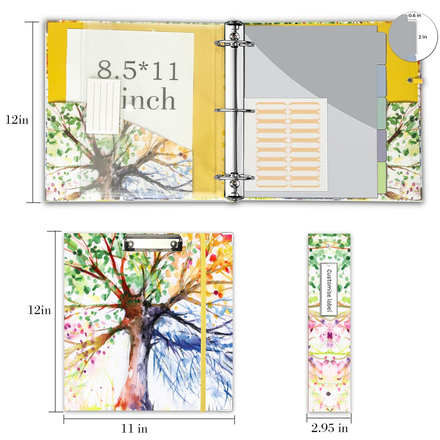 2 Inch 3 Ring Binder Organizer with Clipboard, 5-Tabs Pockets Dividers, Plastic Folder, 18 Divider Stikers, KLLVE Three Ring Binder with Pen Loop (Green Tree, Letter Size)