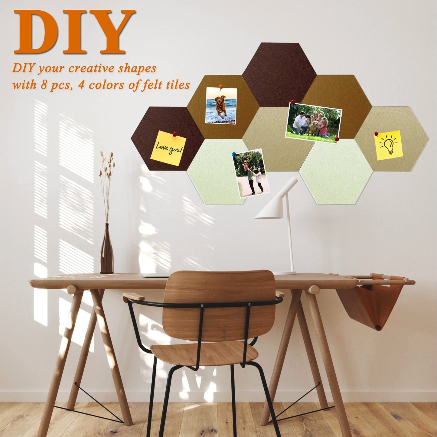 HULAVO 8 Pcs Hexagon Felt Cork Bulletin Board Tiles, Self Adhesive DIY Bulletin Board Pin Board for Office School Home Wall Decor Memos Photos Display (Gradual Brown)