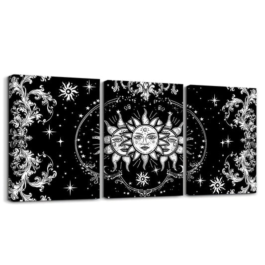 Sun And Moon Canvas Wall Art Set of 3 for Bedroom Living Room, Boho Exotic Style Paintings Wall Decor Black White Bohemian Mandala Print Wall Art Botanical Floral Decor Poster Prints