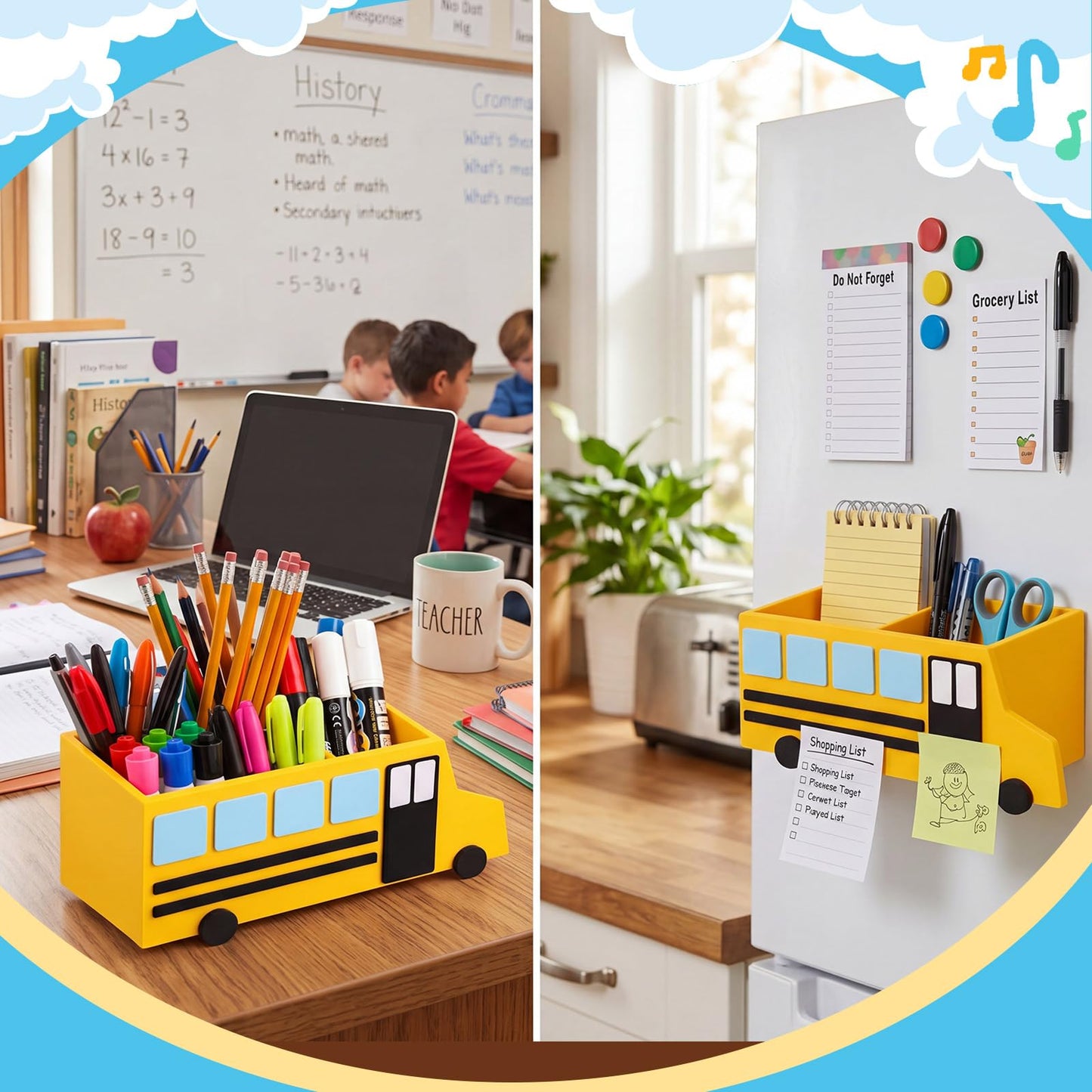 ReliThick Teacher Magnetic Pen Holder Magnetic School Bus Desk Organizer, Teacher Appreciation Gifts, Dry Erase Marker Holder with 4 Strong Magnets, Classroom Decor & Storage Bin