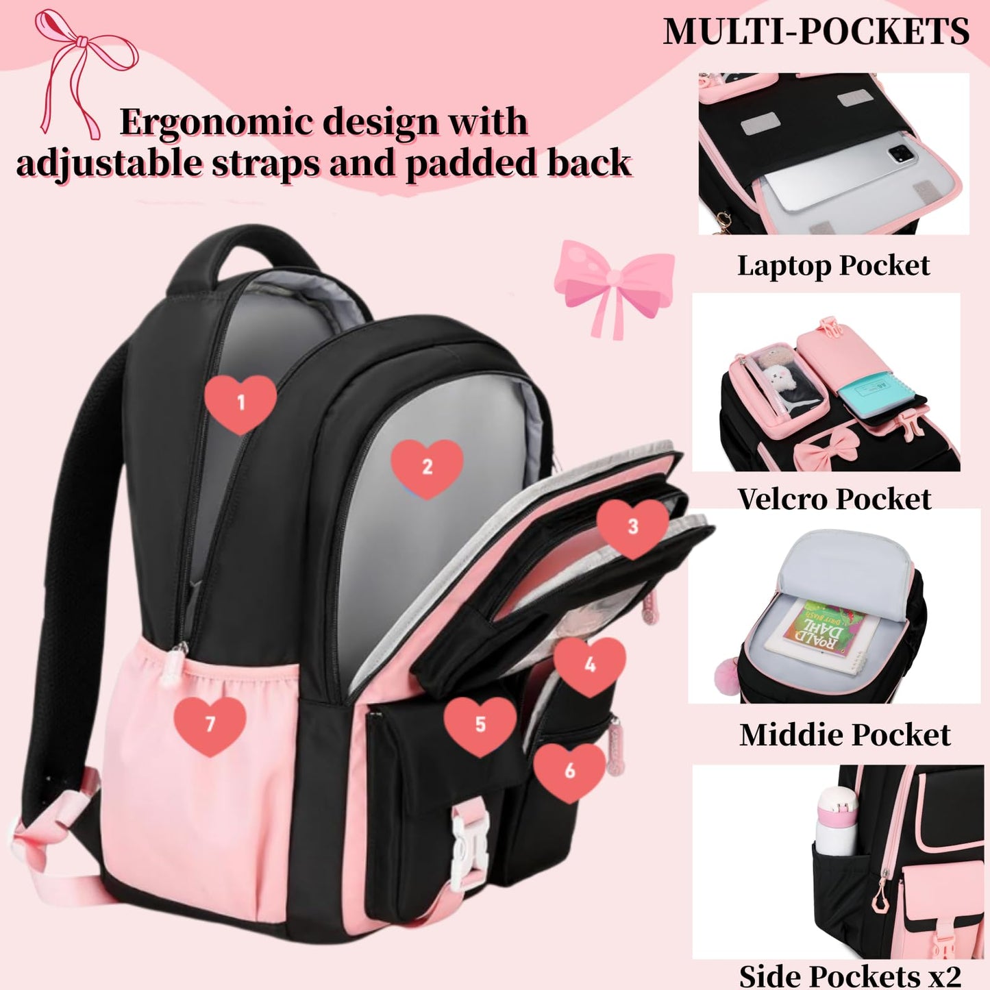 kistou Backpack for Girls Kids Backpack for School with Lunch Bag Pencil Case Kawaii Bow Kids Bookbag for Teen Elementary Middle School