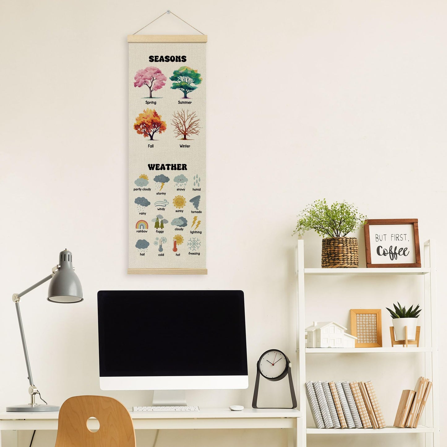 TLESKE Seasons Weather Classroom Wall Art Poster, Weather Four Seasons Educational Wall Decor Hanging Poster with Hanger Frame for Classroom, Toddlers Kids Wall Prints Picture Framed Banner, 12x35