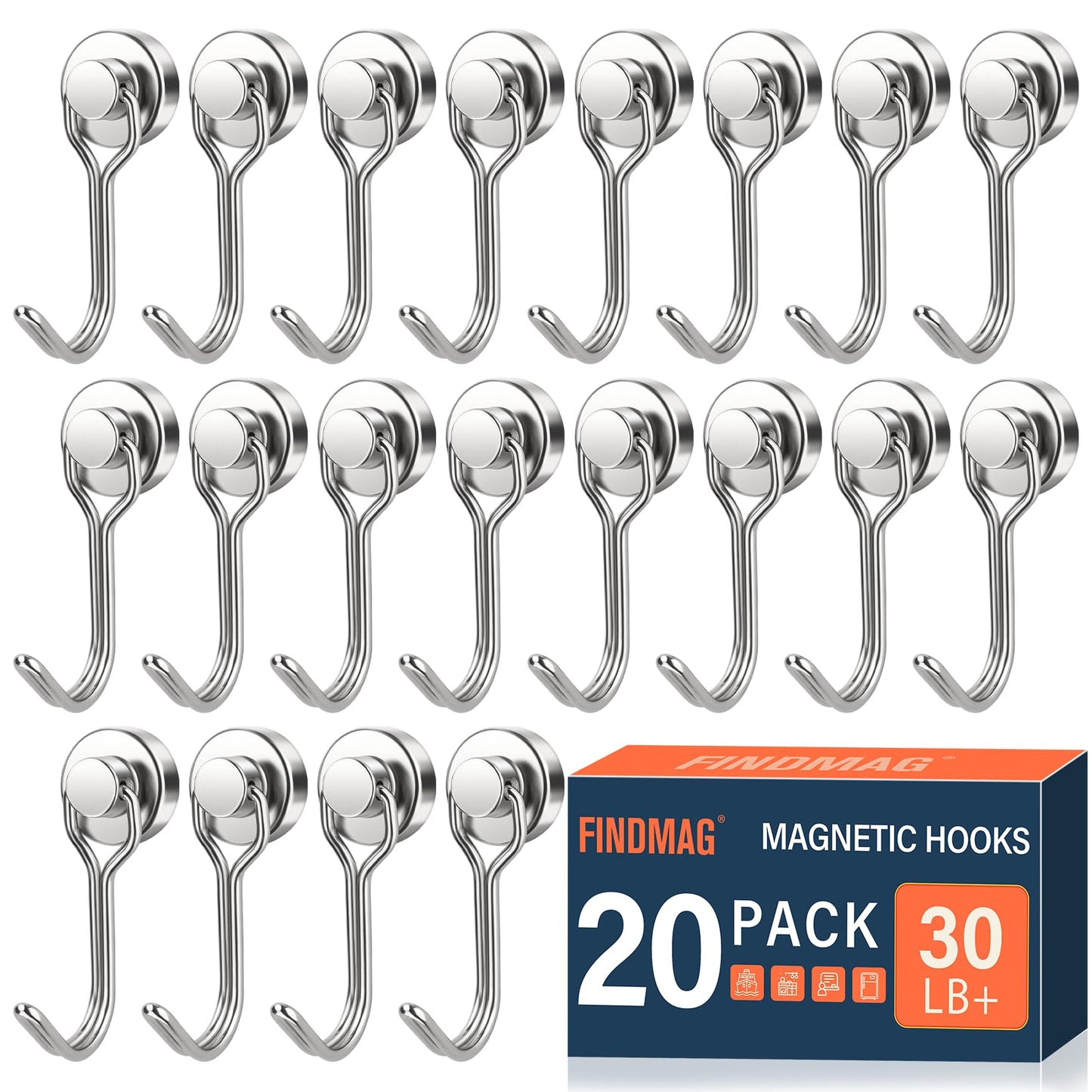 FINDMAG Magnetic Hooks, 30lbs+ Magnetic Hooks Cruise Ship Essentials 2026 Strong Magnet Hooks Heavy Duty, Magnets with Hooks for Fridge, Kitchen, Classroom, Garage, Grill (20 Pack, Silver)