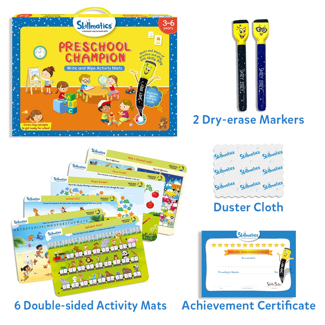 Skillmatics Educational Game : Preschool Champion | Reusable Activity Mats with 2 Dry Erase Markers | Gifts & Preschool Learning for Ages 3-6
