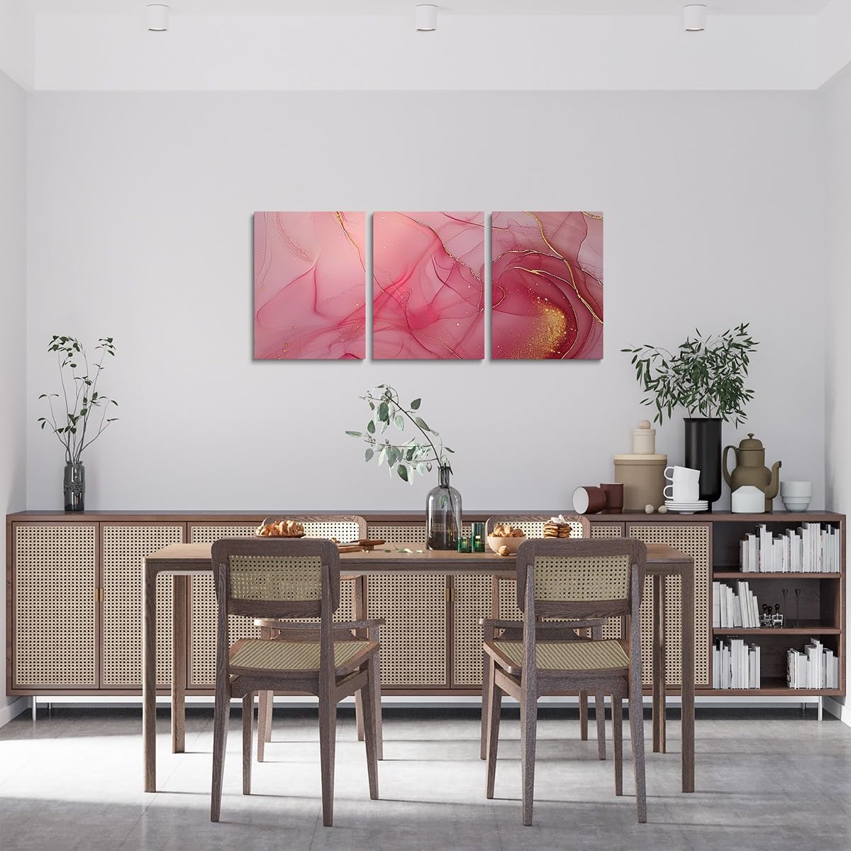 3 Piece Pink Marble Canvas Wall Art for Living Room Bedroom, Pastel Golden Pink Red Paintings Wall Decor Modern Abstract Wall Art Luxury Decor Poster Prints Ombre Artwork Prints