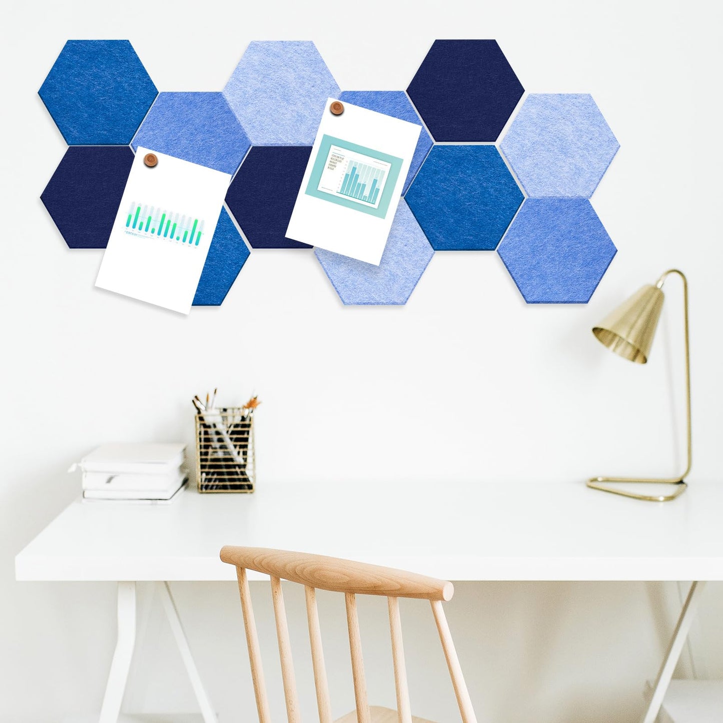 Mindsoft 16 Pcs Hexagon Cork Board for Walls with 50 Wooden Push Pins 6.7 x 5.9 in Felt DIY Tiles Notice with Nano Tape Hanging Bulletin Board for Home Photo Office Memo Note(Ocean)