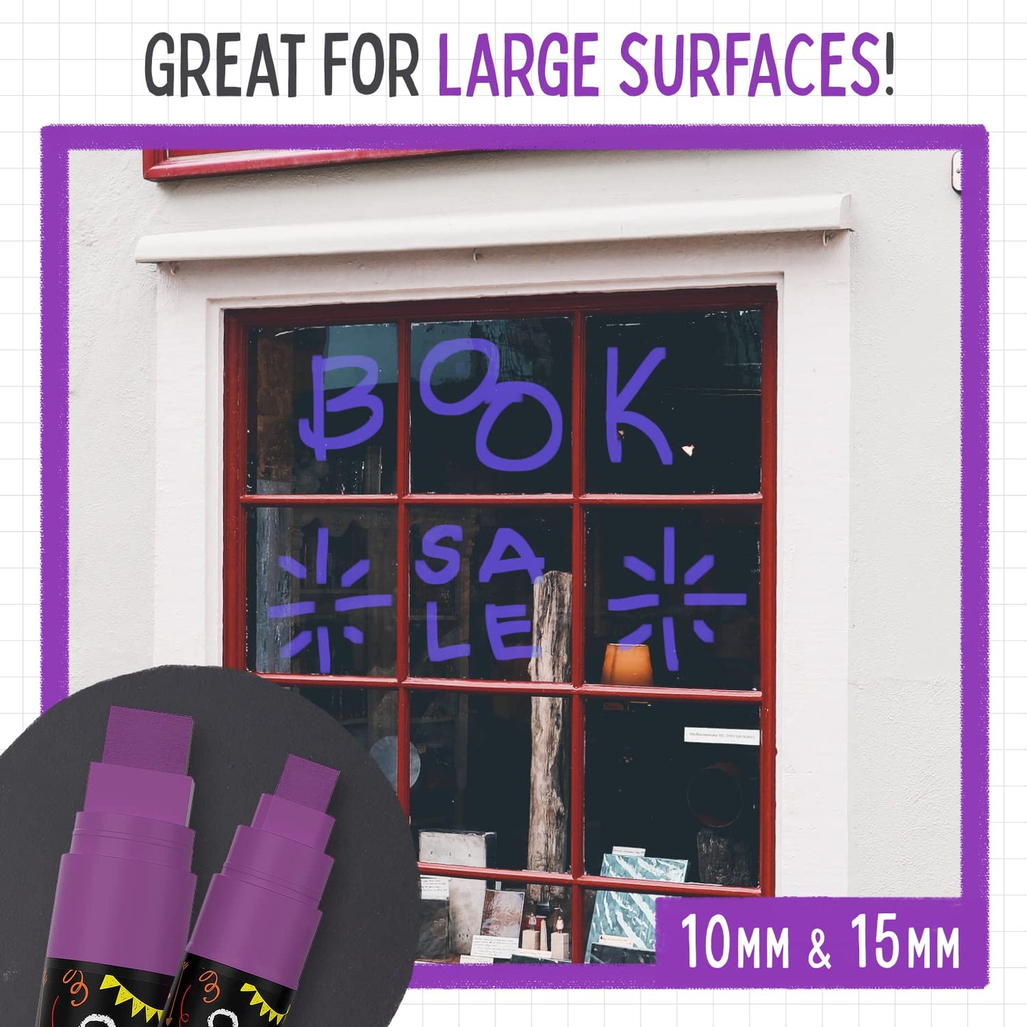 5 Purple Chalkboard Chalk Pens - Purple Dry Erase Markers for Blackboard, Chalkboard Signs, Windows, Glass | Variety Pack - Fine & Jumbo Size Ink Pen (1mm, 3mm, 6mm, 10mm, 15mm)
