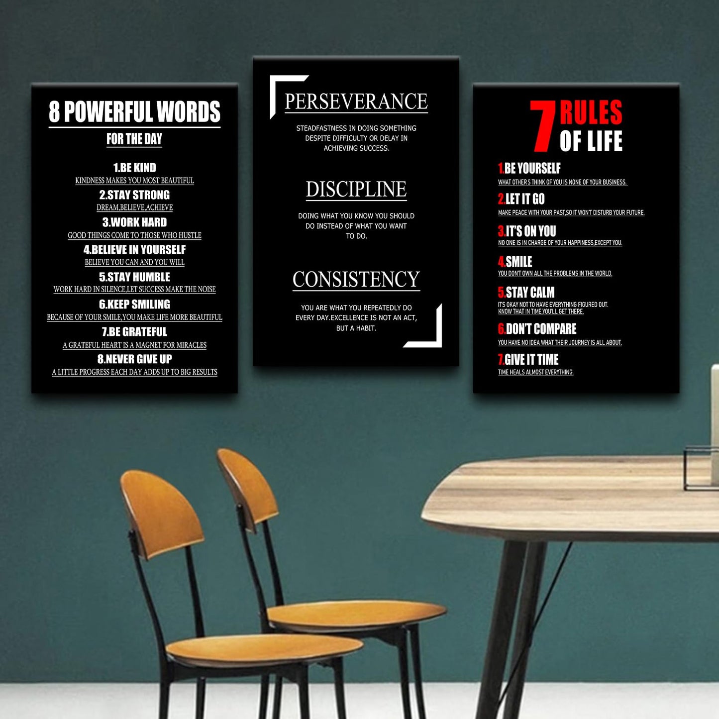 YSPCSUN Triptych Wall Decor Inspirational Posters for Office, Black White Perseverance Discipline Consistency 3 Panel Canvas Prints for Home Office Dorm, 48x24 Inch Display