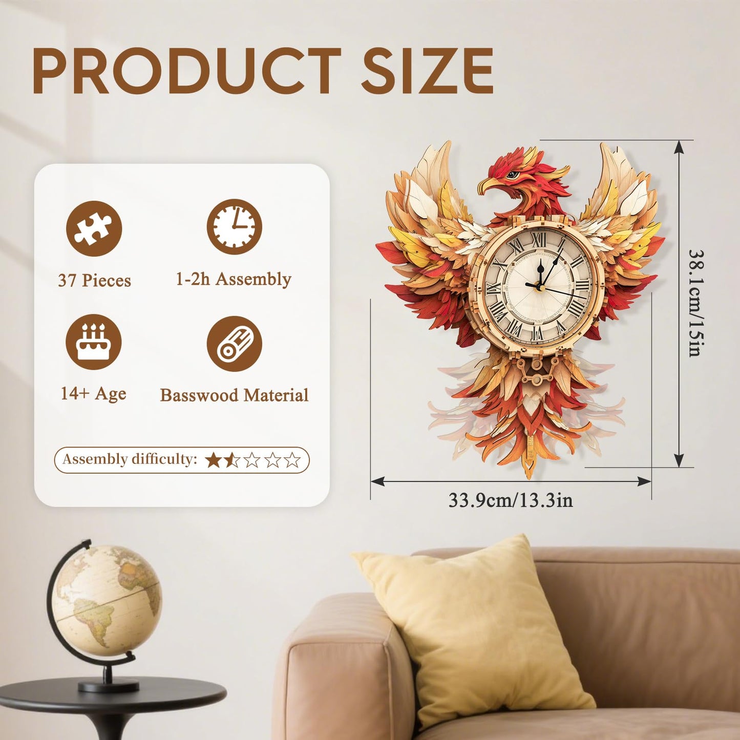 Cutywood 3D Puzzles for Adults Clock-Phoenix Design Model Kit-Mechanical DIY Pendulum Clock with Roman Numerals-Desk Home Office Decor Personalized Gift for DIY Lovers