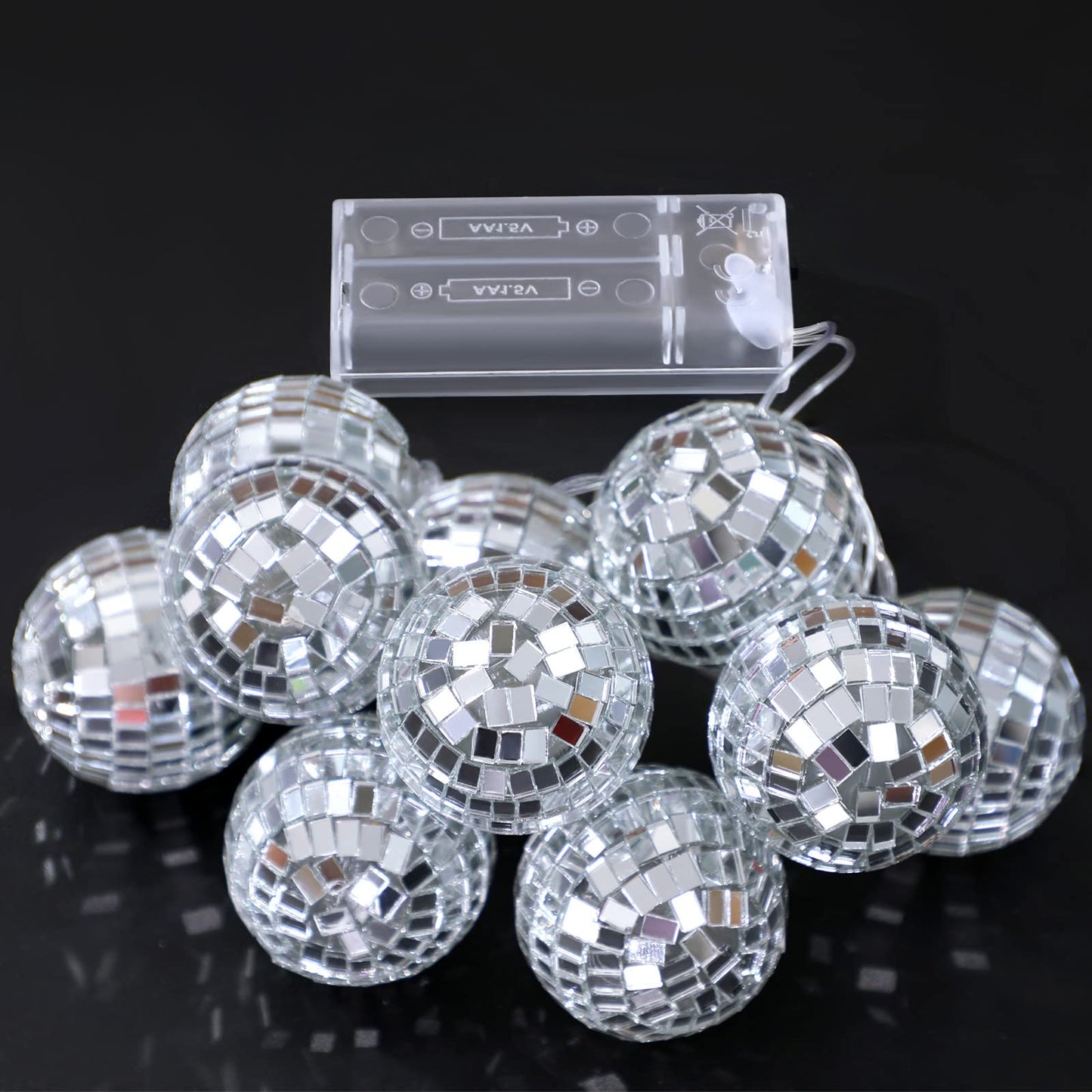 Zhanmai Disco Ball String Lights - 30 LED Mini Mirror Balls, 1.97 Inch, Silver, Model Zhanmai-Lights-48JCDR, Perfect for 70s