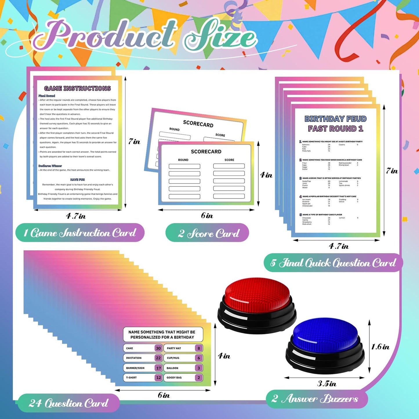 Soulchen Birthday Friendly Feud Game Set Birthday Party Game Trivia Quiz with Cards and 2 Buzzer for Family Home Games Activities Party Supplies, Battery Not Included