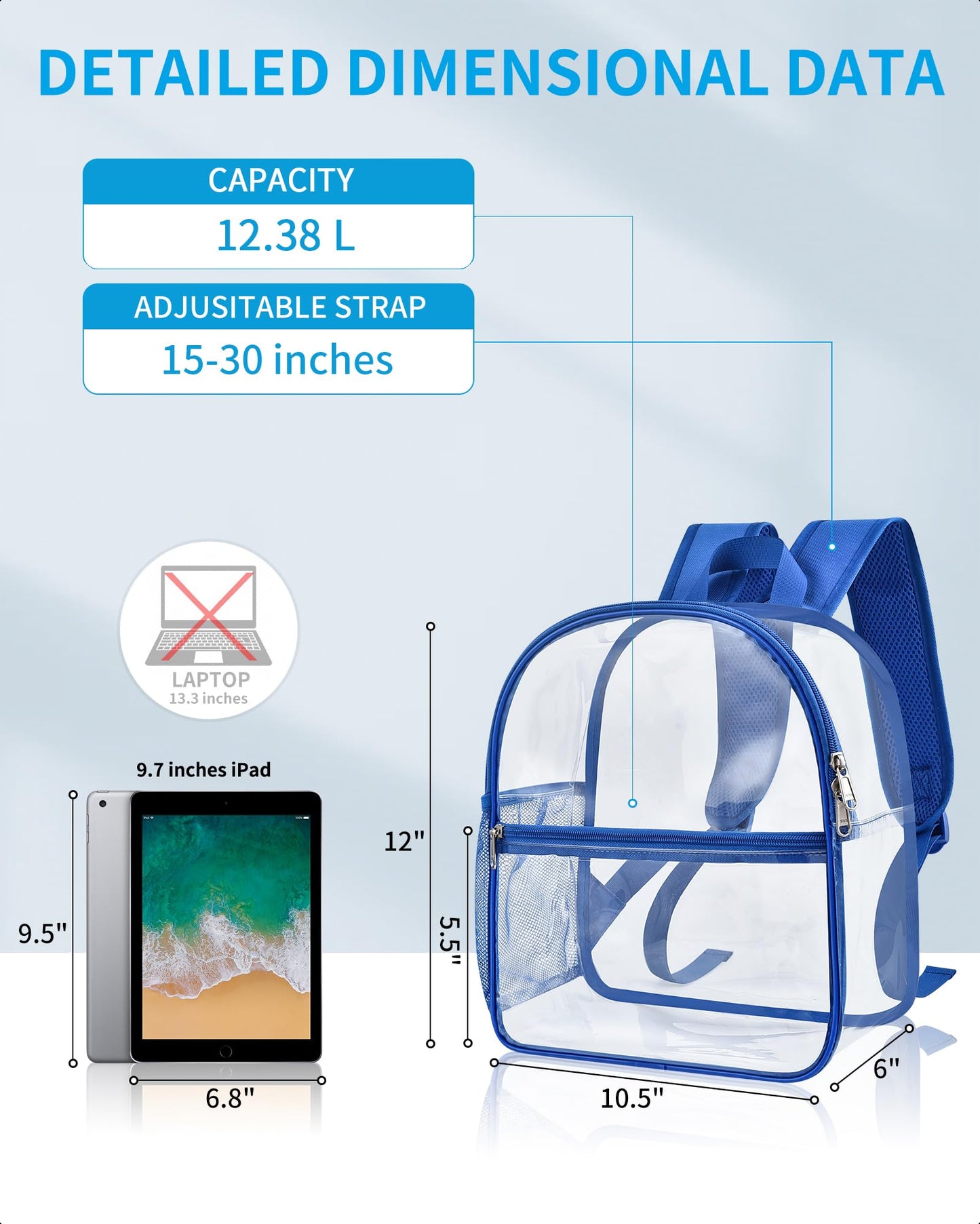 Paxiland Clear Backpack Stadium Approved 12×12×6 with Reinforced and Wider Shoulder Straps, Small Clear Bag for Schools, Concerts, Work, Festivals and Sporting Events - Blue