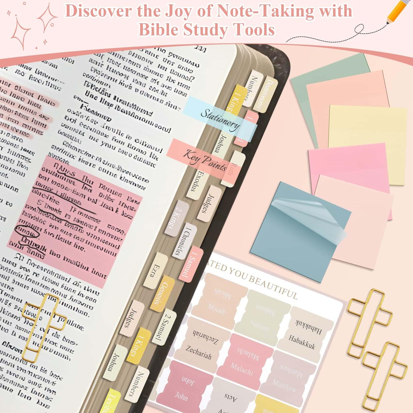 Flasoo 106 Pack Bible Study Supplies Journaling Kit for Women, Church Journal Note Taking Annotation Kit, Tabs and Highlighters Set with Pencil Case and More Bible Accessories Christian Gift