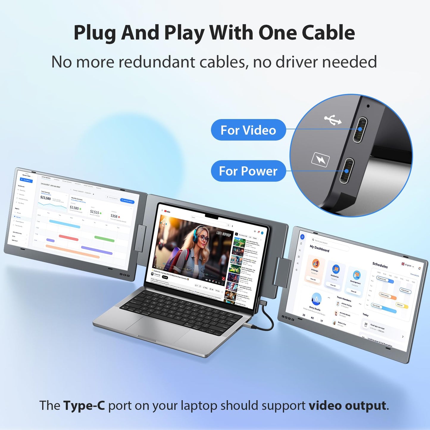 KYY Triple Laptop Screen Extender, 15.6" 1080P FHD IPS Dual Portable Extended Monitor, USB C Travel Display for 12-17'' Laptop, 210°Rotation & Kickstand, Plug and Play (Windows Only)