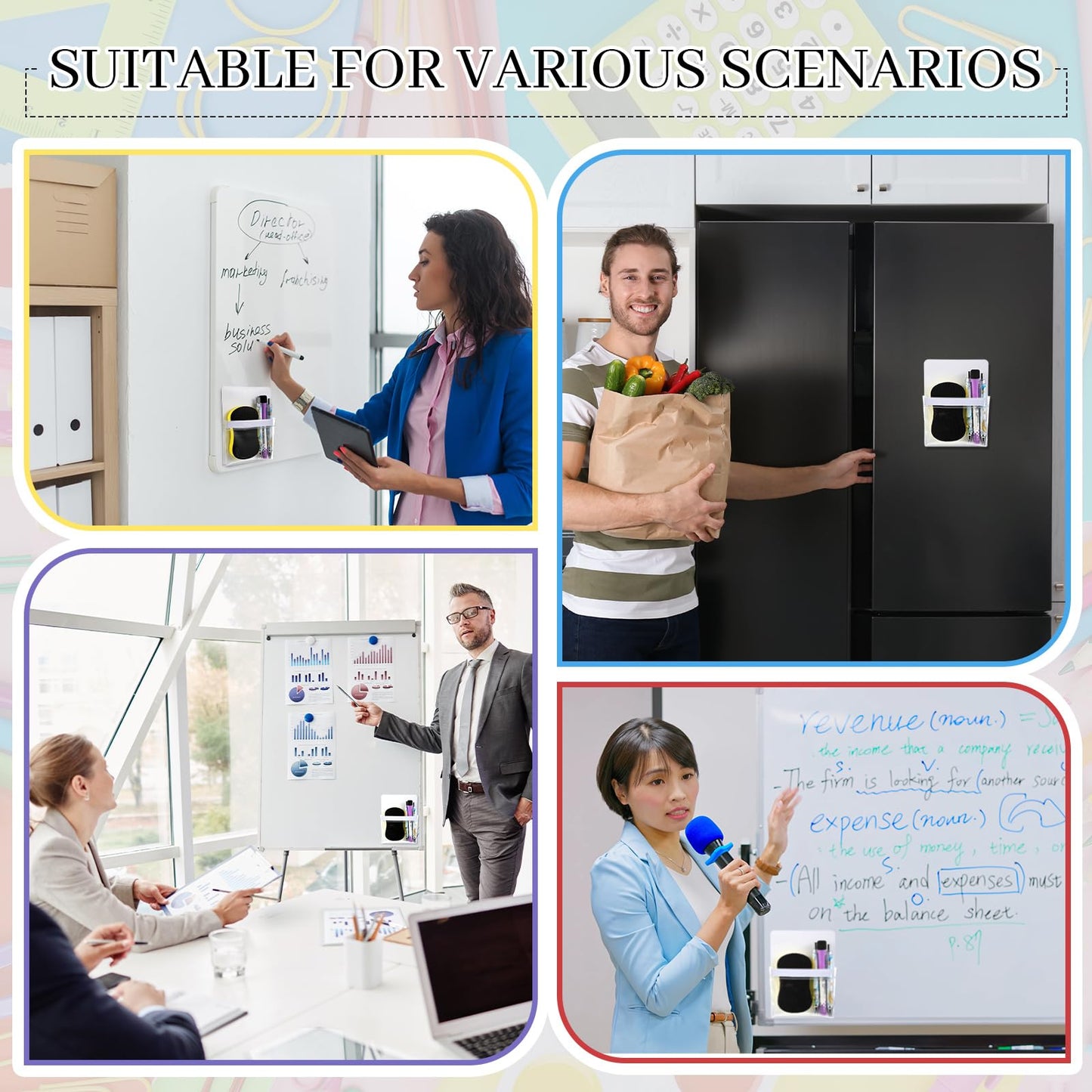 Sherr 6 Pcs 6 Pcs Magnetic Pockets Pen Marker Holders for Classroom Whiteboard 4.7 x 6.5 Magnetic Clear File for Fridge Locker Dry Erase Marker Storage Teacher Supplies (4.7 x 6.5 in,White)