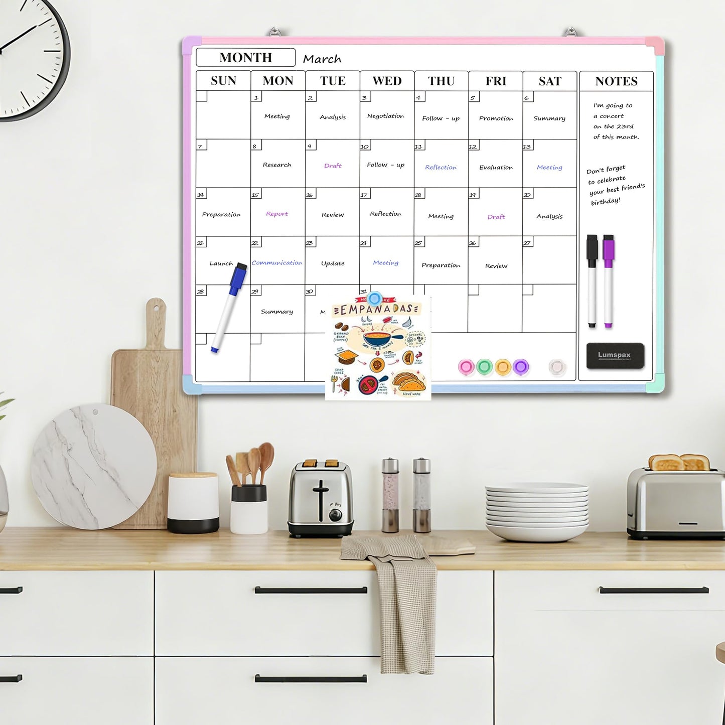 Lumspax Monthly Whiteboard Calendar for Wall, 24" x 18" Dry Erase Board with Plastic Frame, Hanging Dry Erase Calendar with 3 Mini Sticky Notes for Kitchen Planner, Memo, Home and Office, Colorful