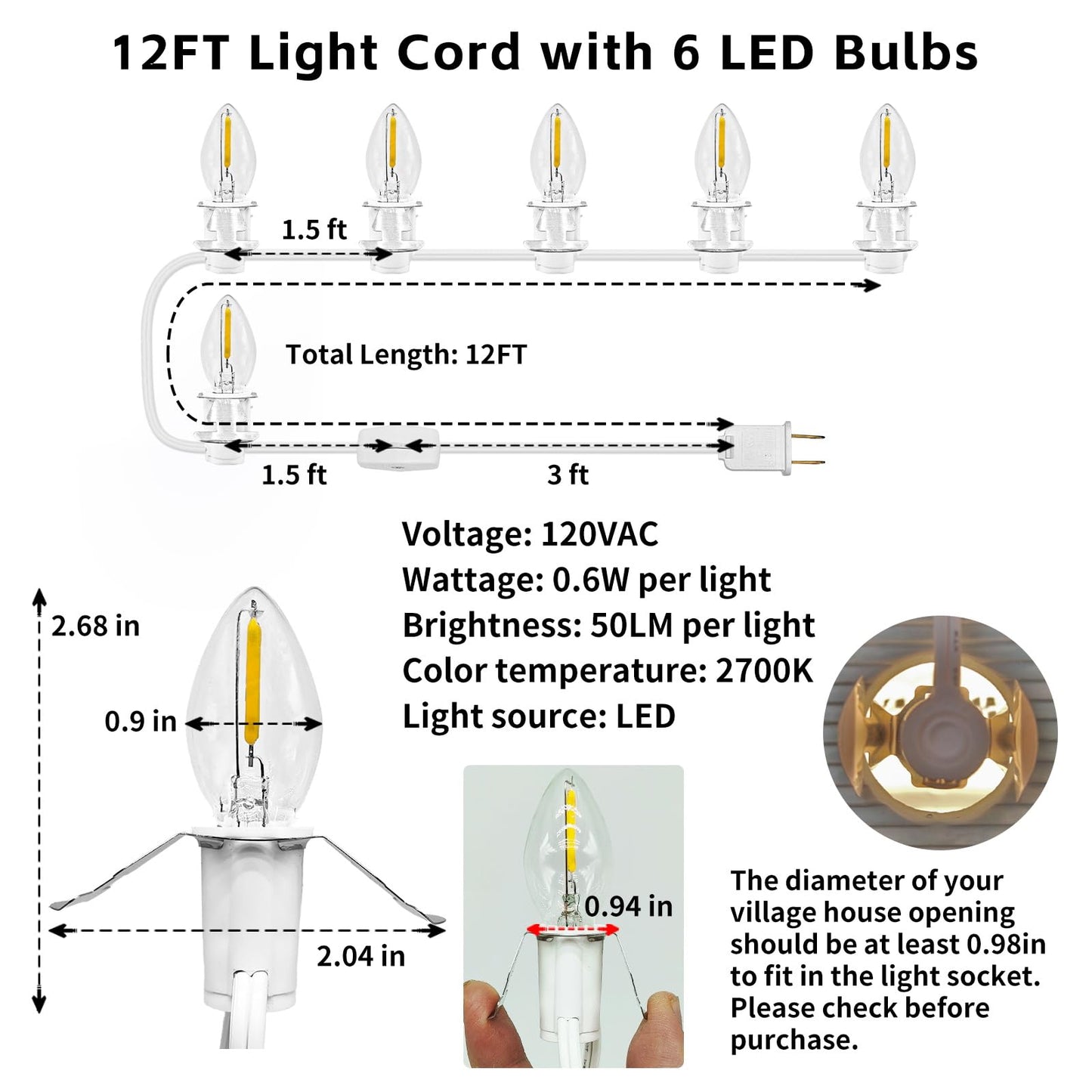 NEWKAZ 6-Bulb Light Cord for Christmas Village, C7 LED, White, Model e6fd2536-5358-445c-bfc8-082709979816