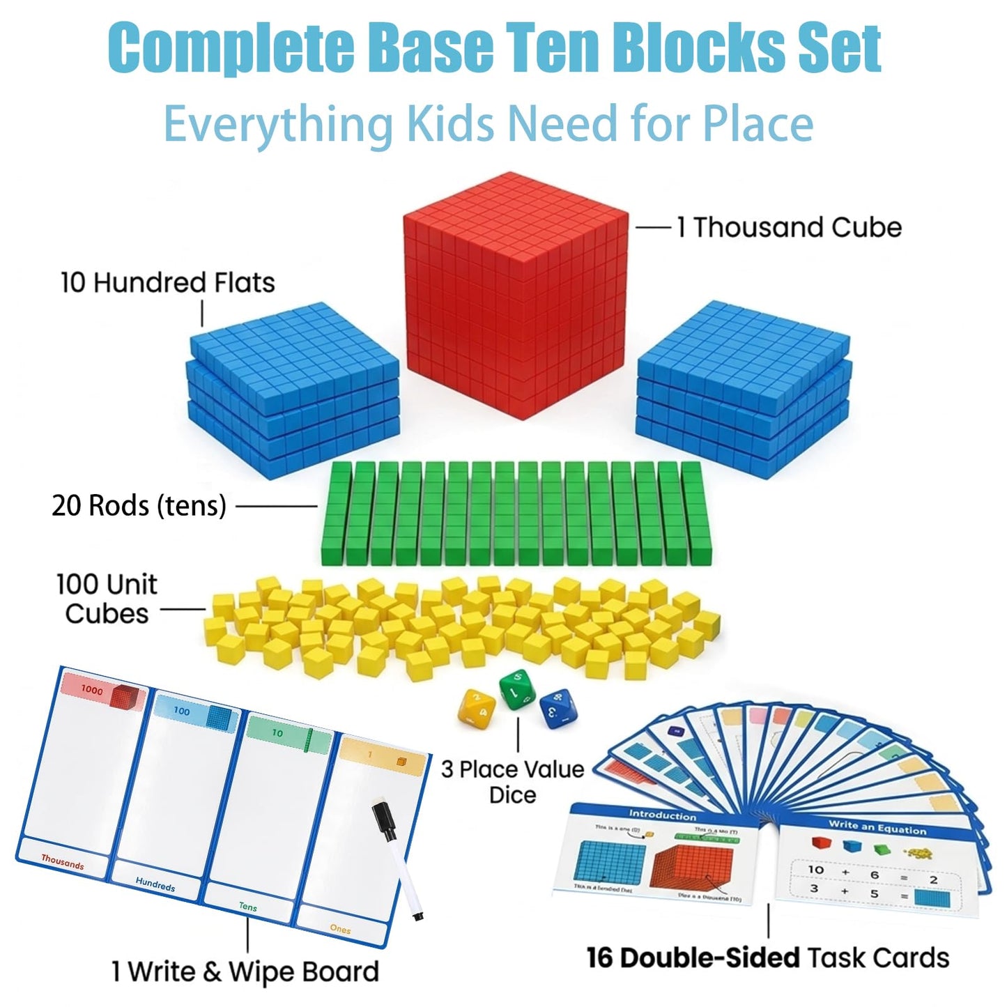 153 pcs Base Ten Blocks Math Manipulatives, Counting Cubes Set for Kids, Place Value Blocks for Kindergarten 1st Grade Classroom Homeschool Learning Kit